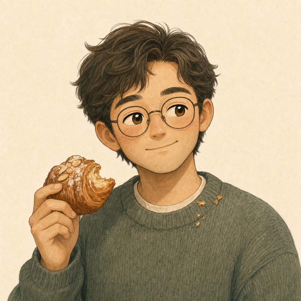 August holding a half-eaten almond croissant