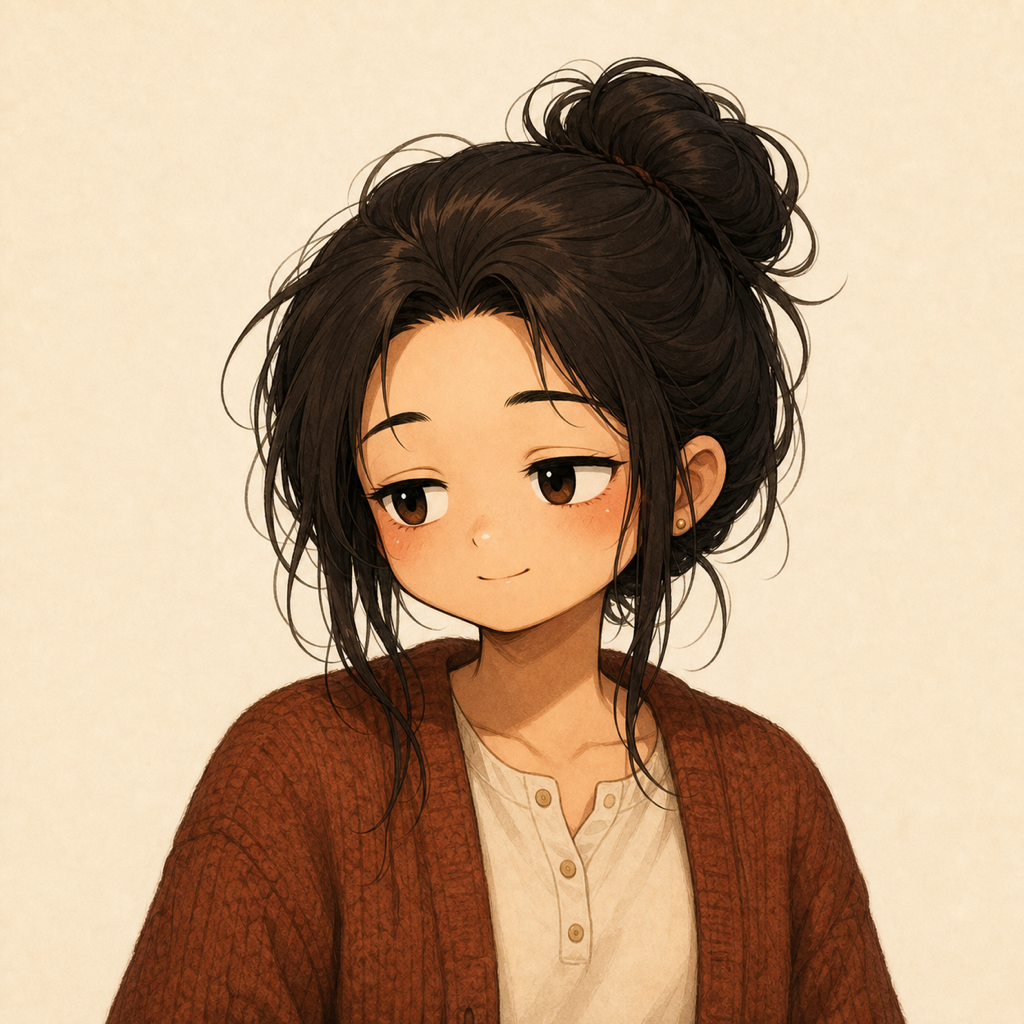 Jan, content half-smile, dark bun, rust cardigan