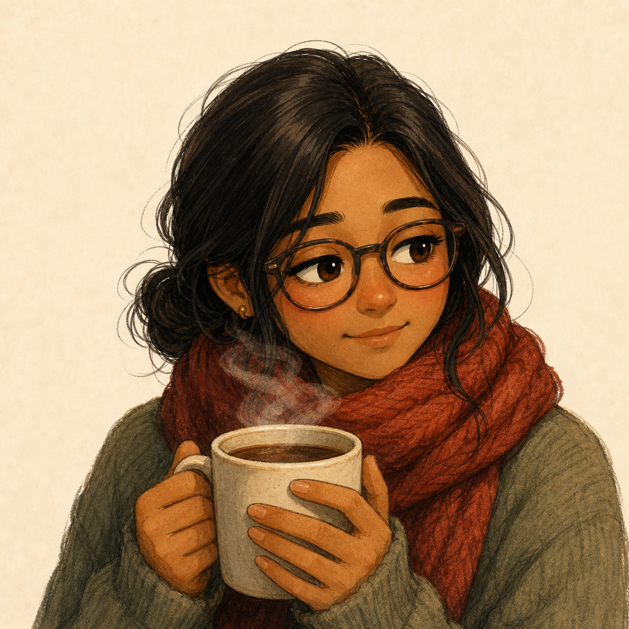 Mira wrapped in a red scarf with a steaming mug