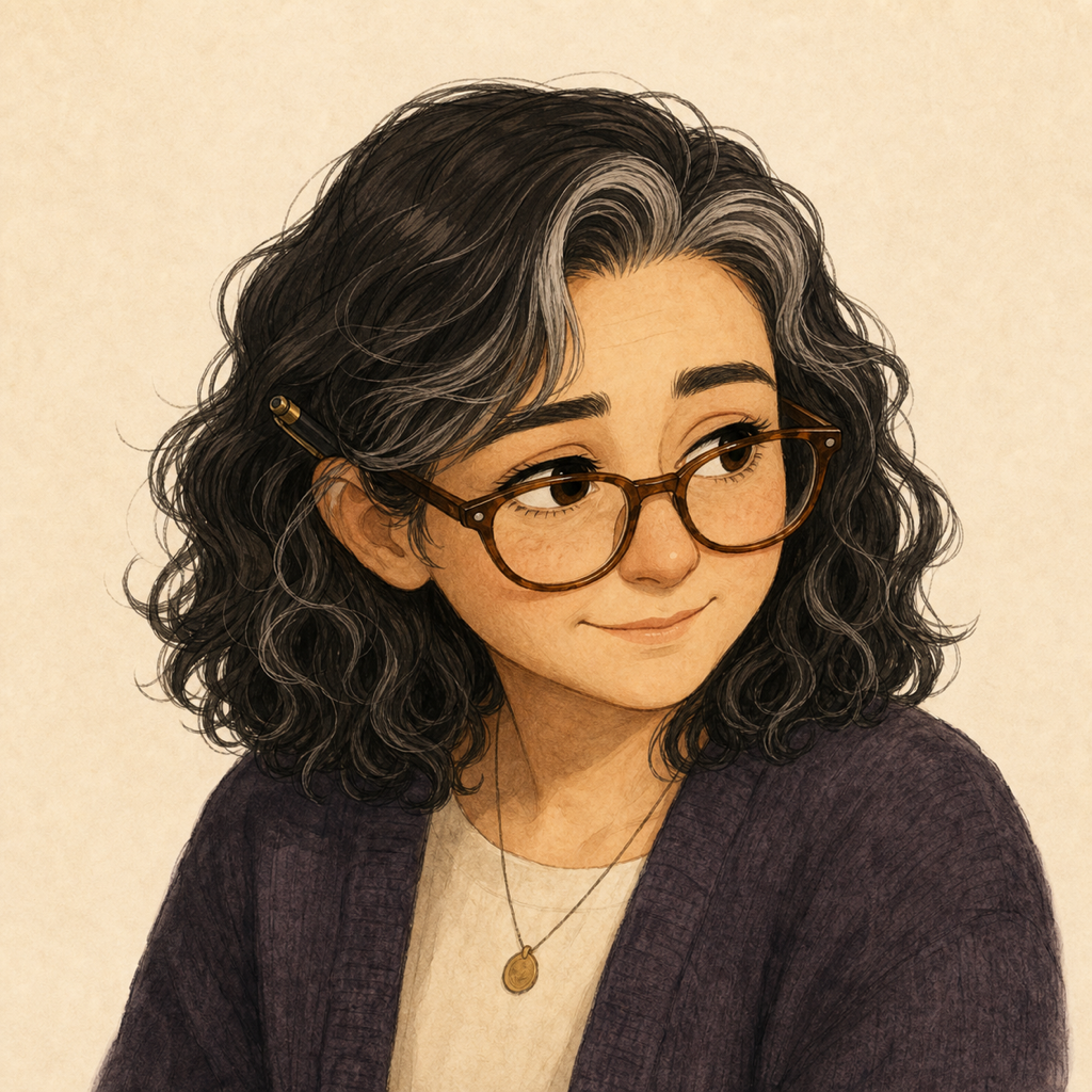 Naomi with glasses, pen behind her ear