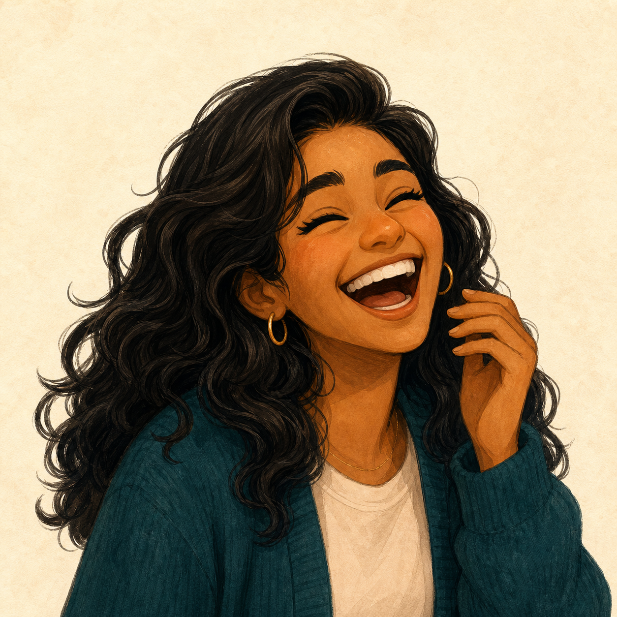 Priya mid-laugh, head tilted back