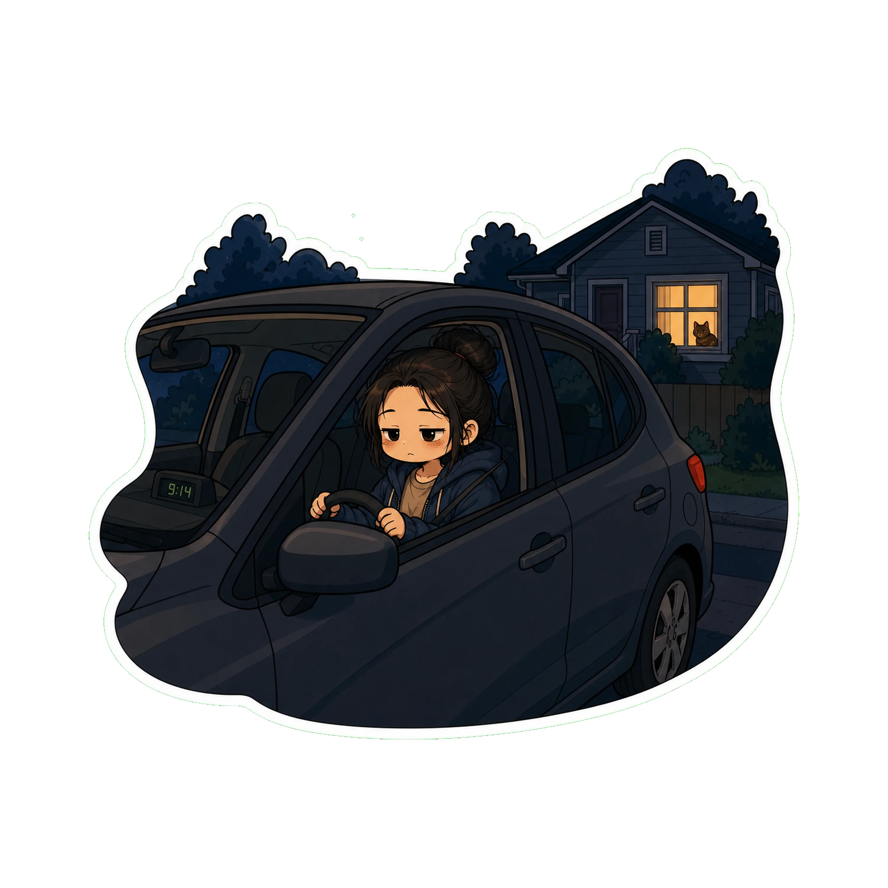 Jan in the driver's seat of her parked car at night, engine off, hands still on the wheel