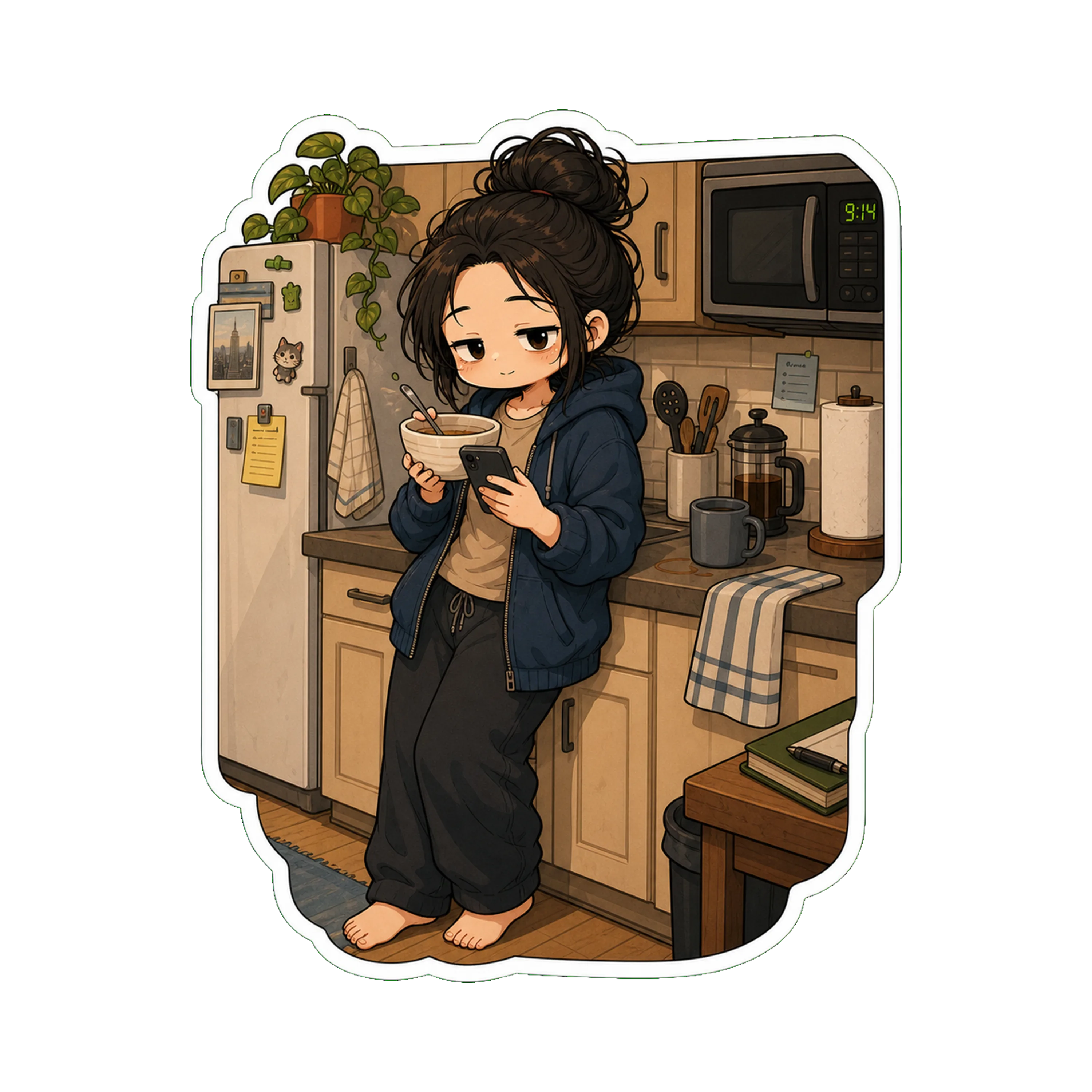 Jan in the kitchen, leaning against the counter, eating from a bowl with one hand, phone in the other