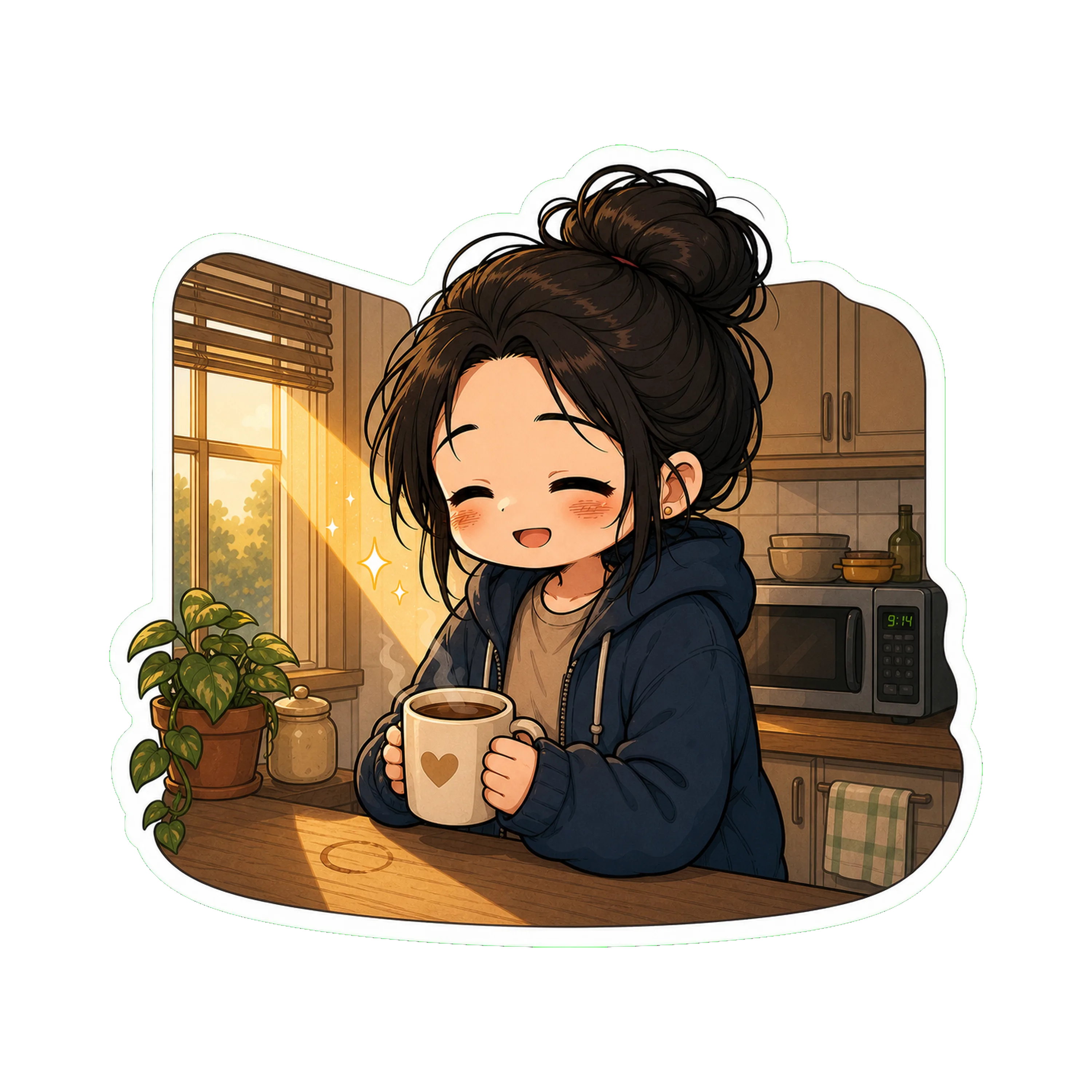 Jan at the counter, both hands on a mug, eyes closed in soft happy curved lines (^_^), small contented smile