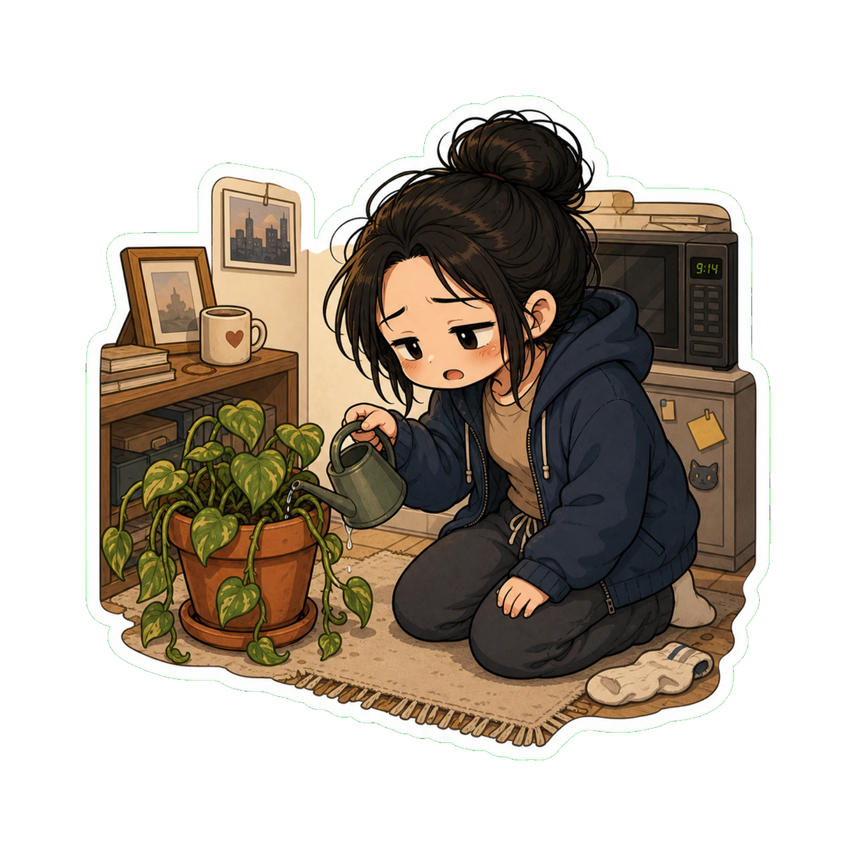 Jan kneeling in front of a slightly droopy houseplant with a watering can, mouth open mid-speech, earnest face