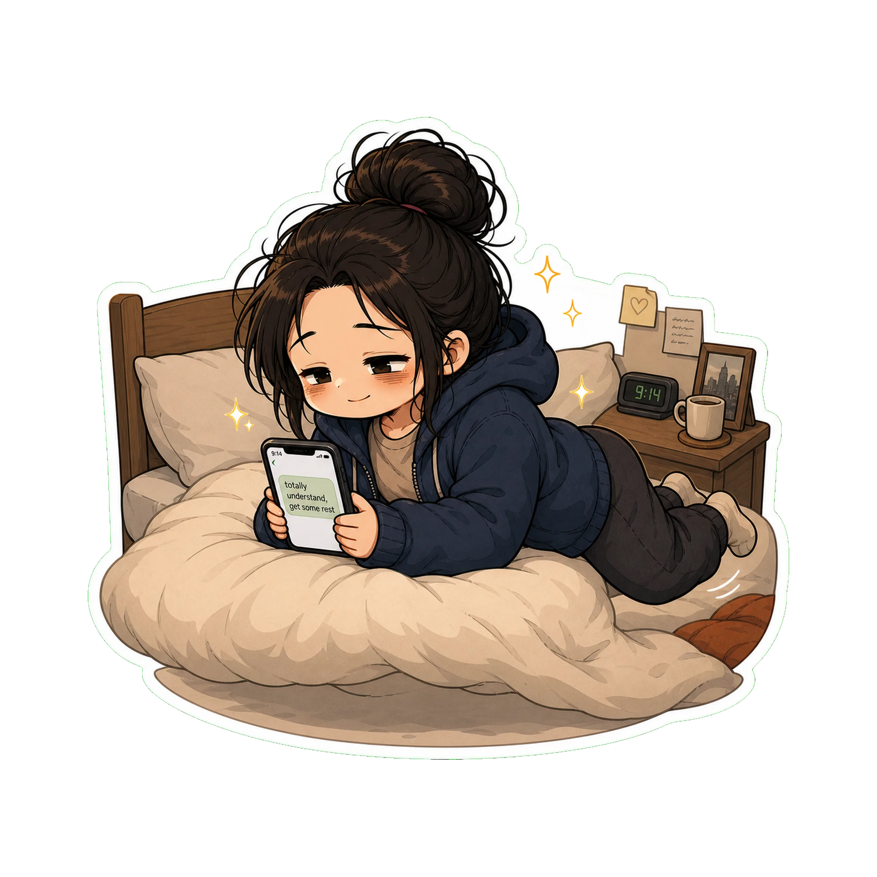 Jan in bed fully clothed (the hoodie still on), holding her phone
