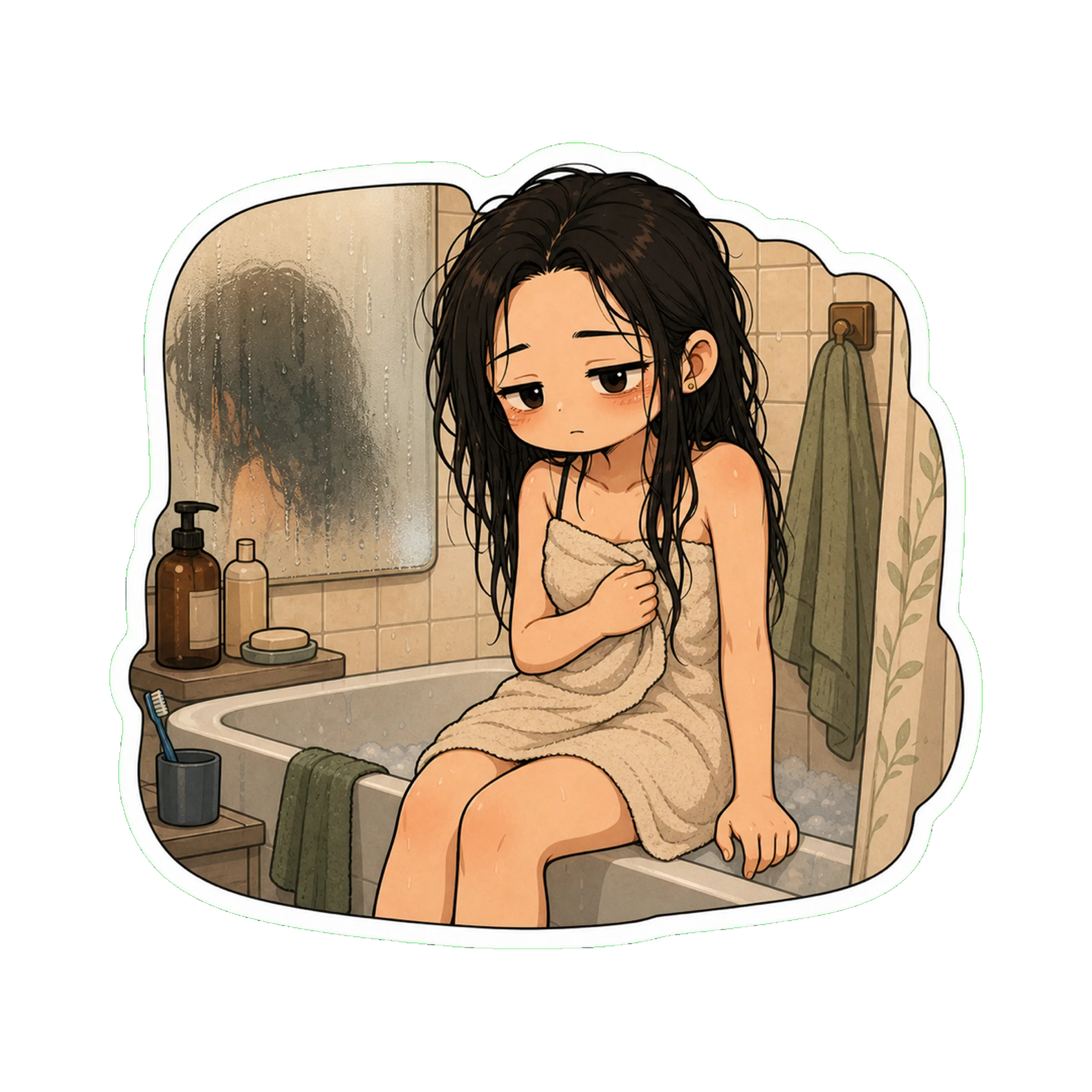 Jan wrapped in a towel, hair down and wet (the bun undone), sitting on the edge of the bathtub