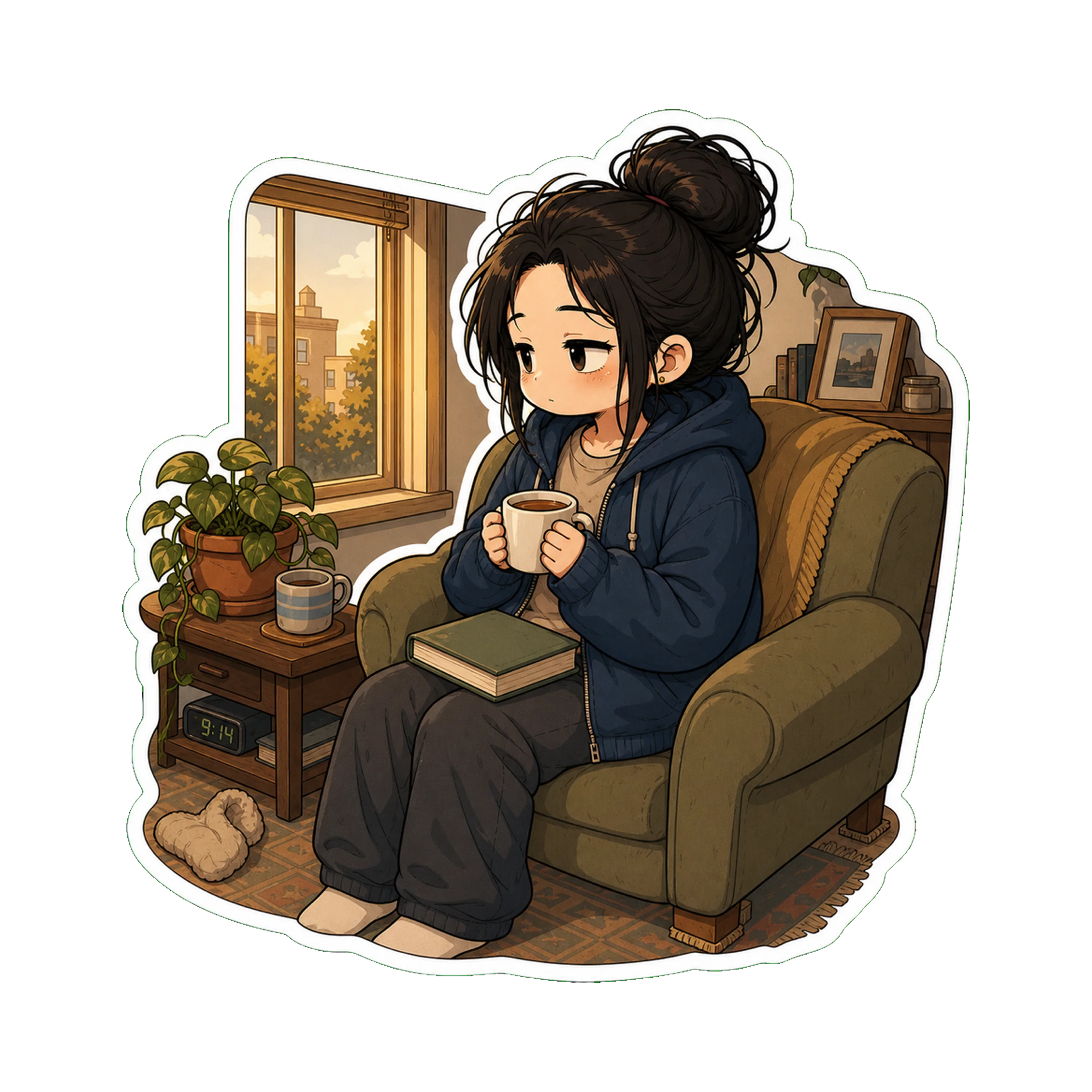 Jan in late-afternoon golden light, by a window, hoodie on, holding a cup of tea with both hands