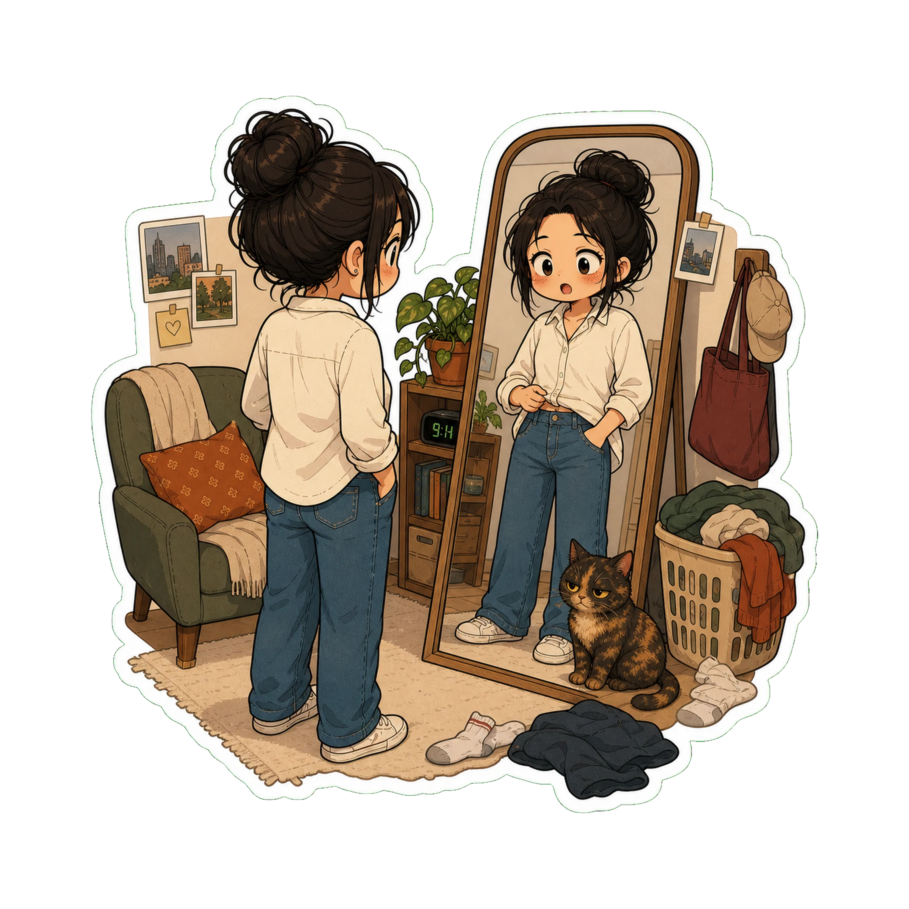 Jan in real jeans + a button-up (the rare 'she's trying' look), no hoodie, hair still in the messy bun but slightly more deliberate