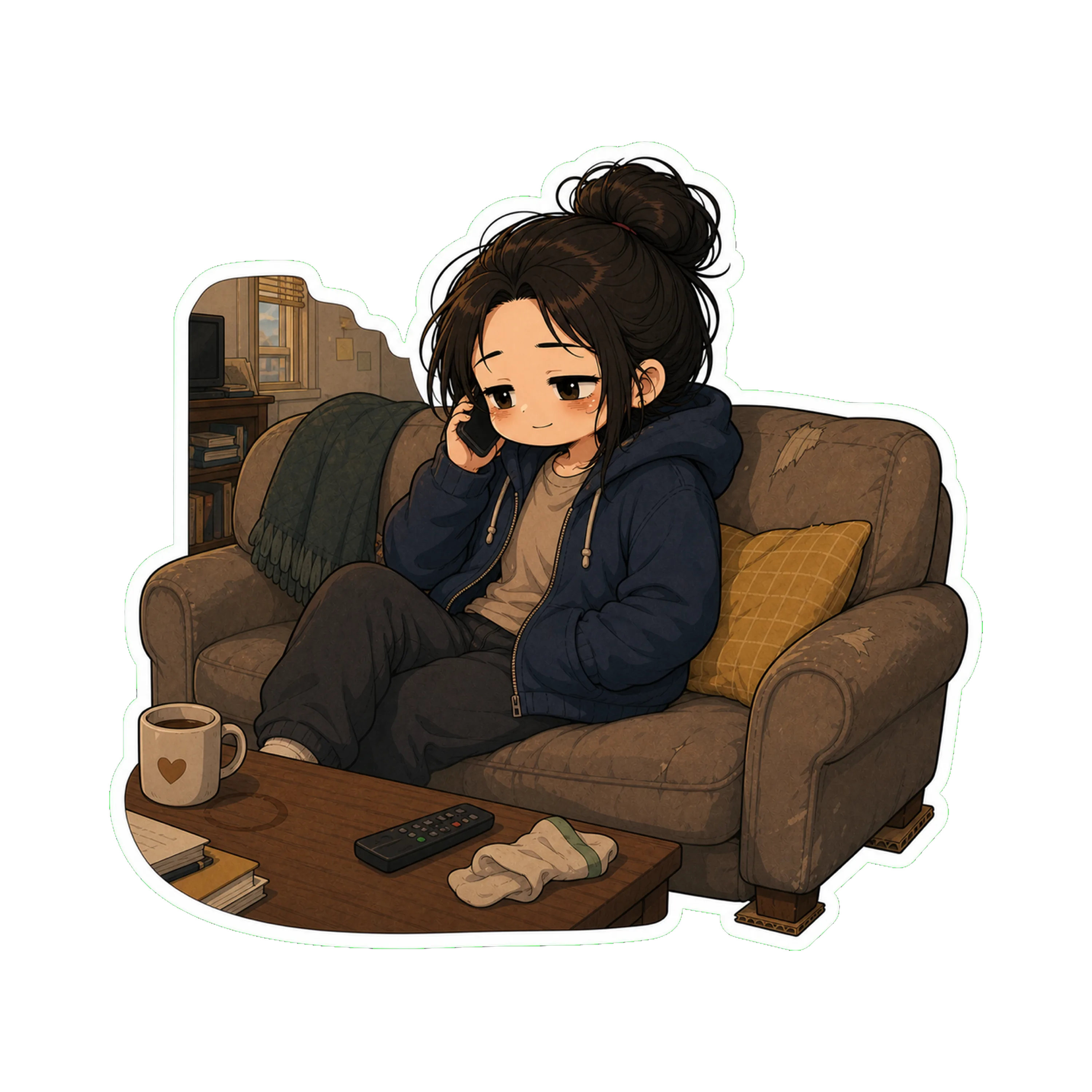Jan on the couch in the hoodie, phone to her ear, smiling at the wall in the way you smile when nobody can see you