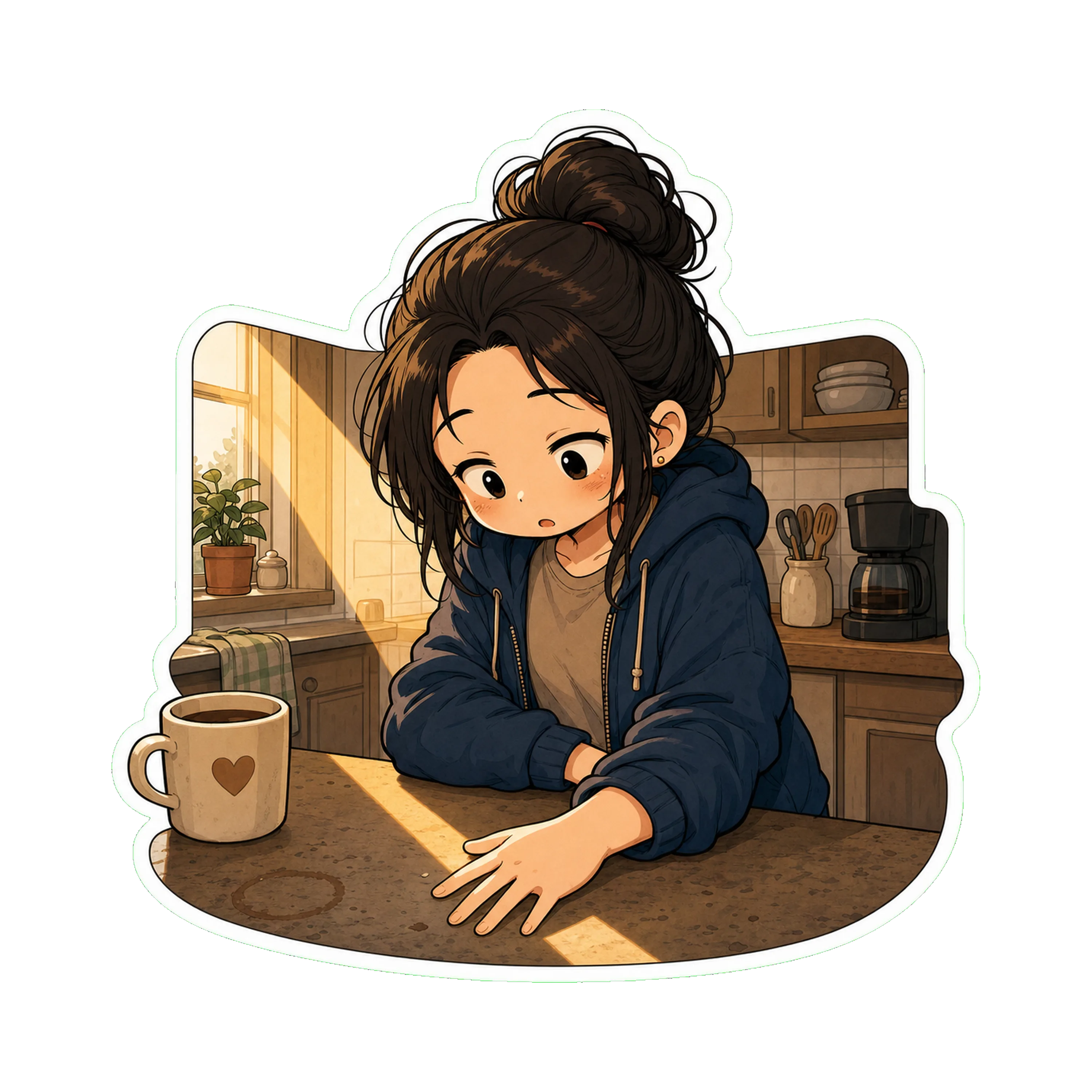 Jan looking down at her own hand resting on a kitchen counter, slight surprise on her face