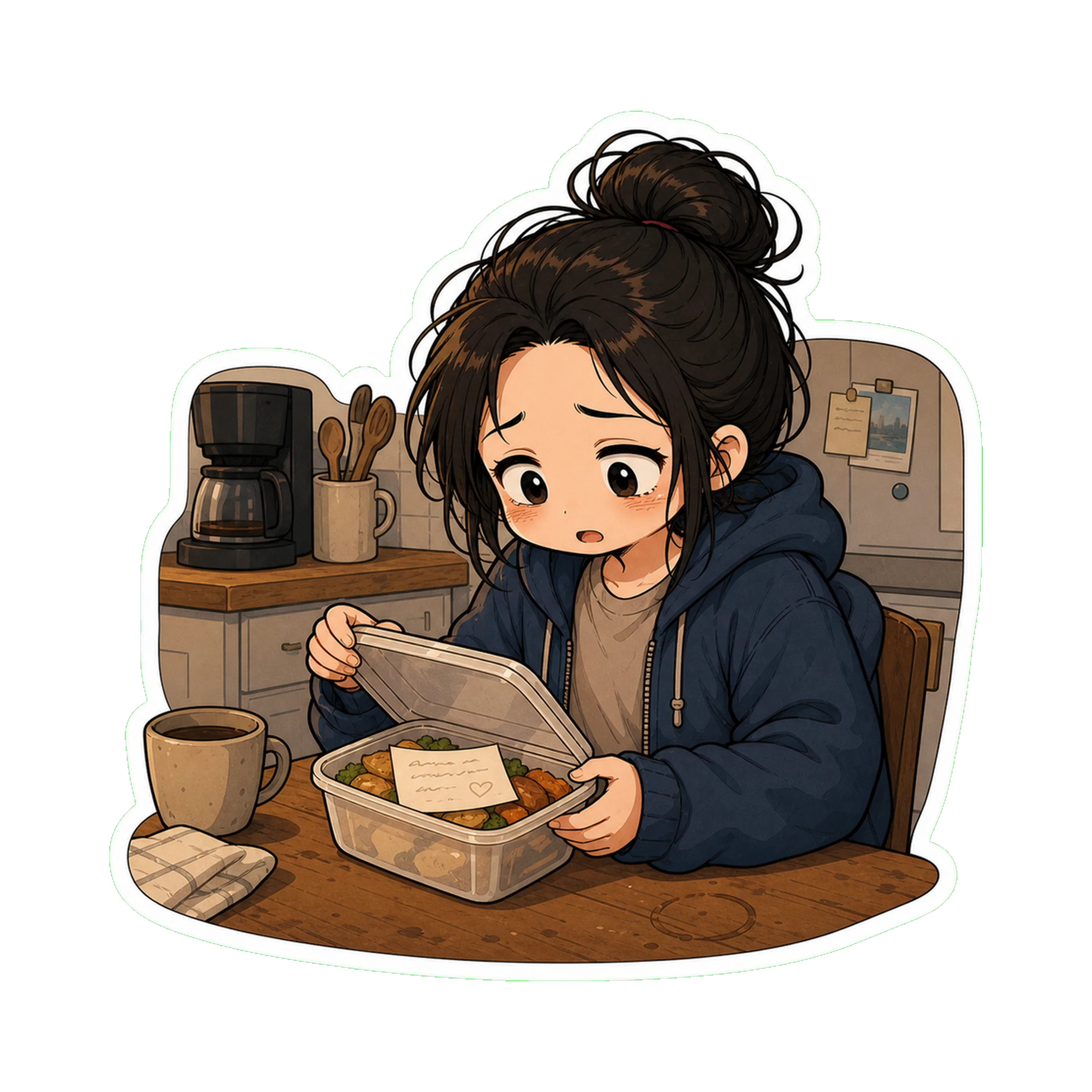 Jan at her kitchen table, alone, opening a takeout-style plastic container