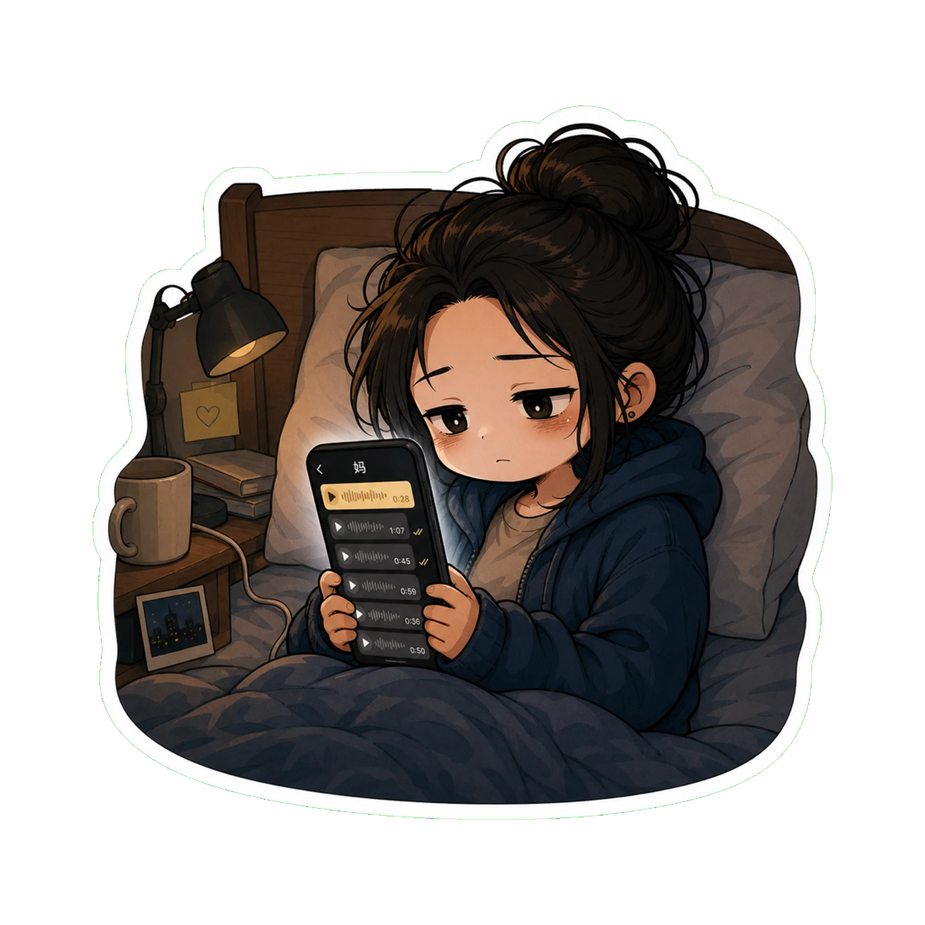Jan in bed in the hoodie, phone glow on her face