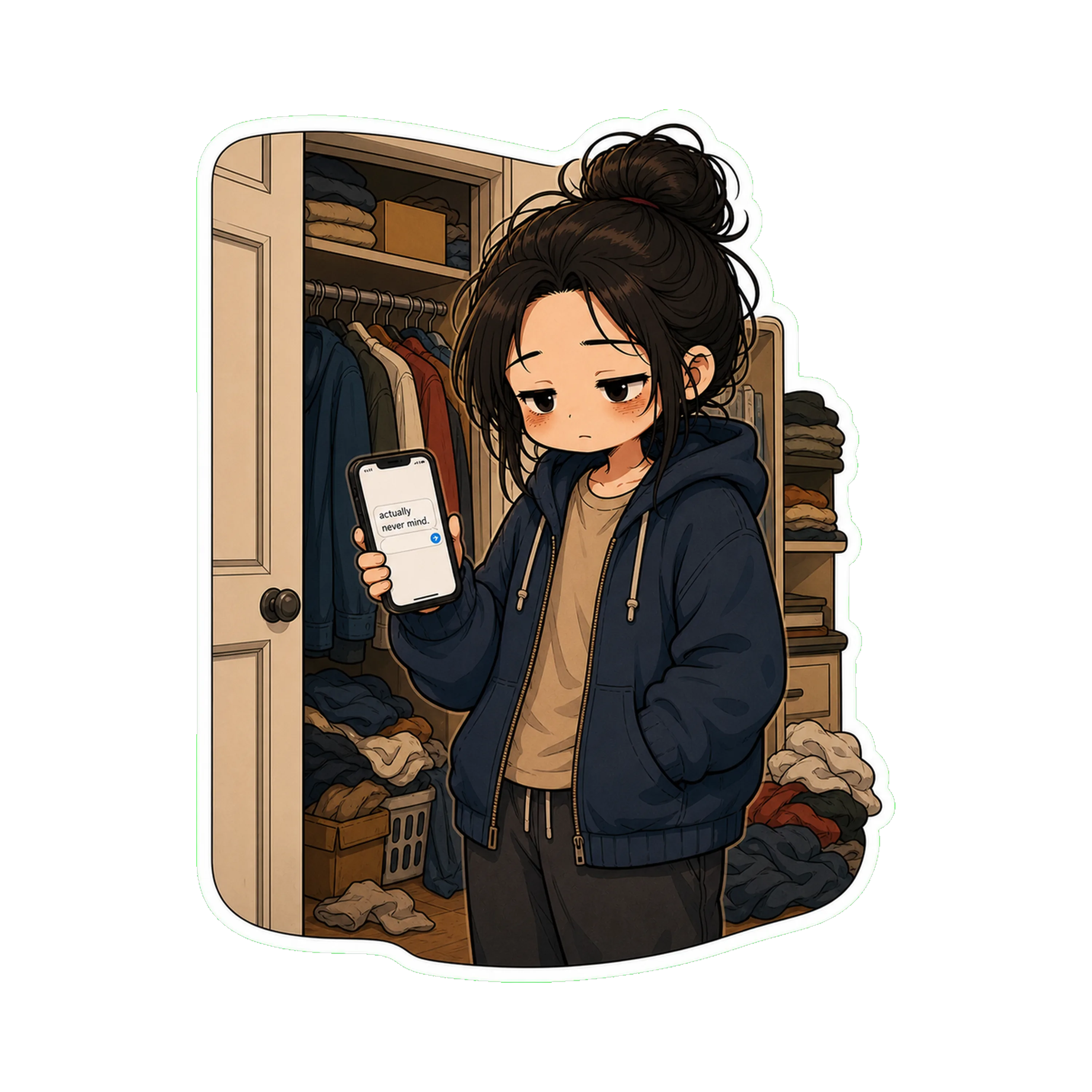 Jan standing in front of her closet, phone in hand, half-typed message visible: *'actually never mind.'* The hoodie on