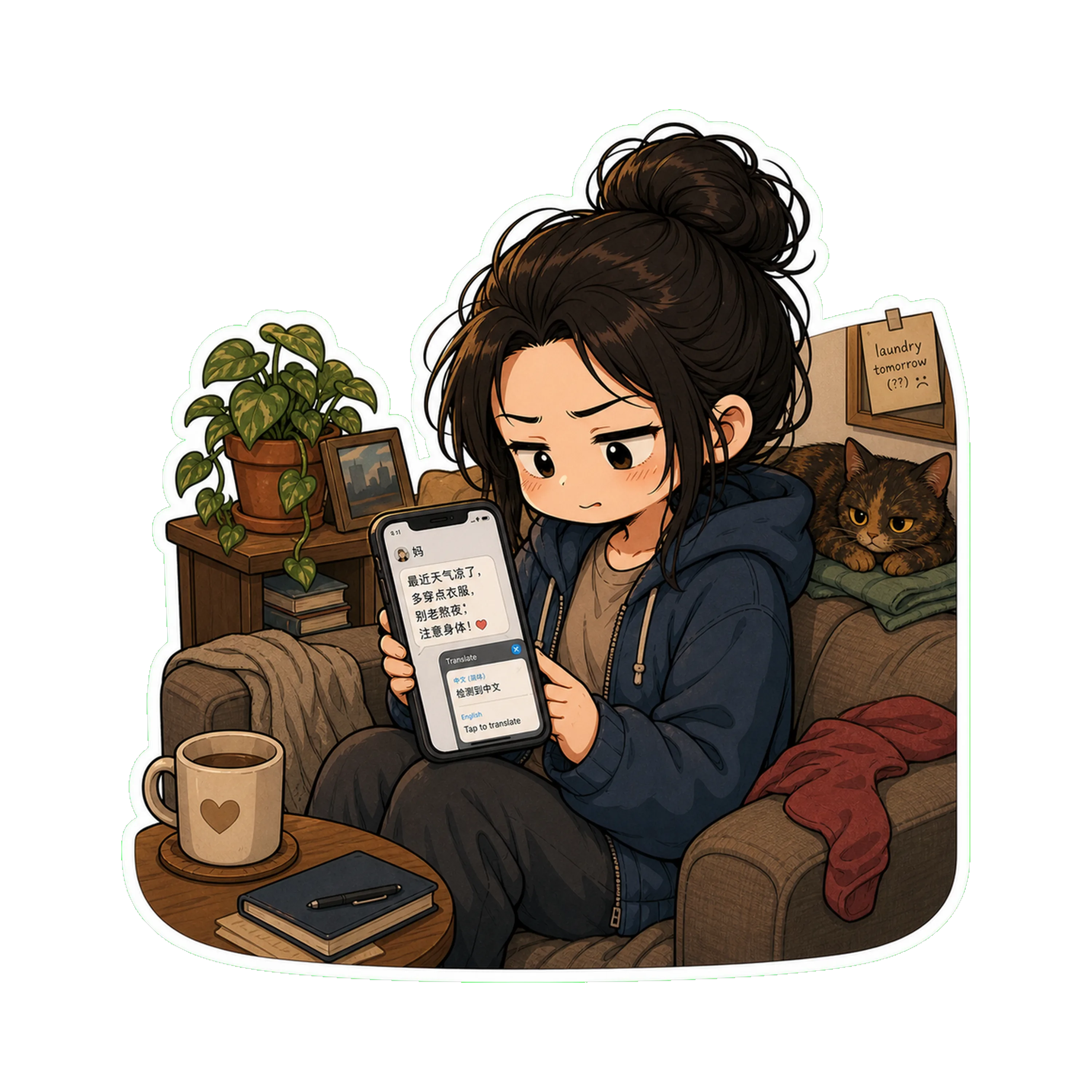 Jan looking at her phone with her brow furrowed, a Chinese-character message from '妈' visible