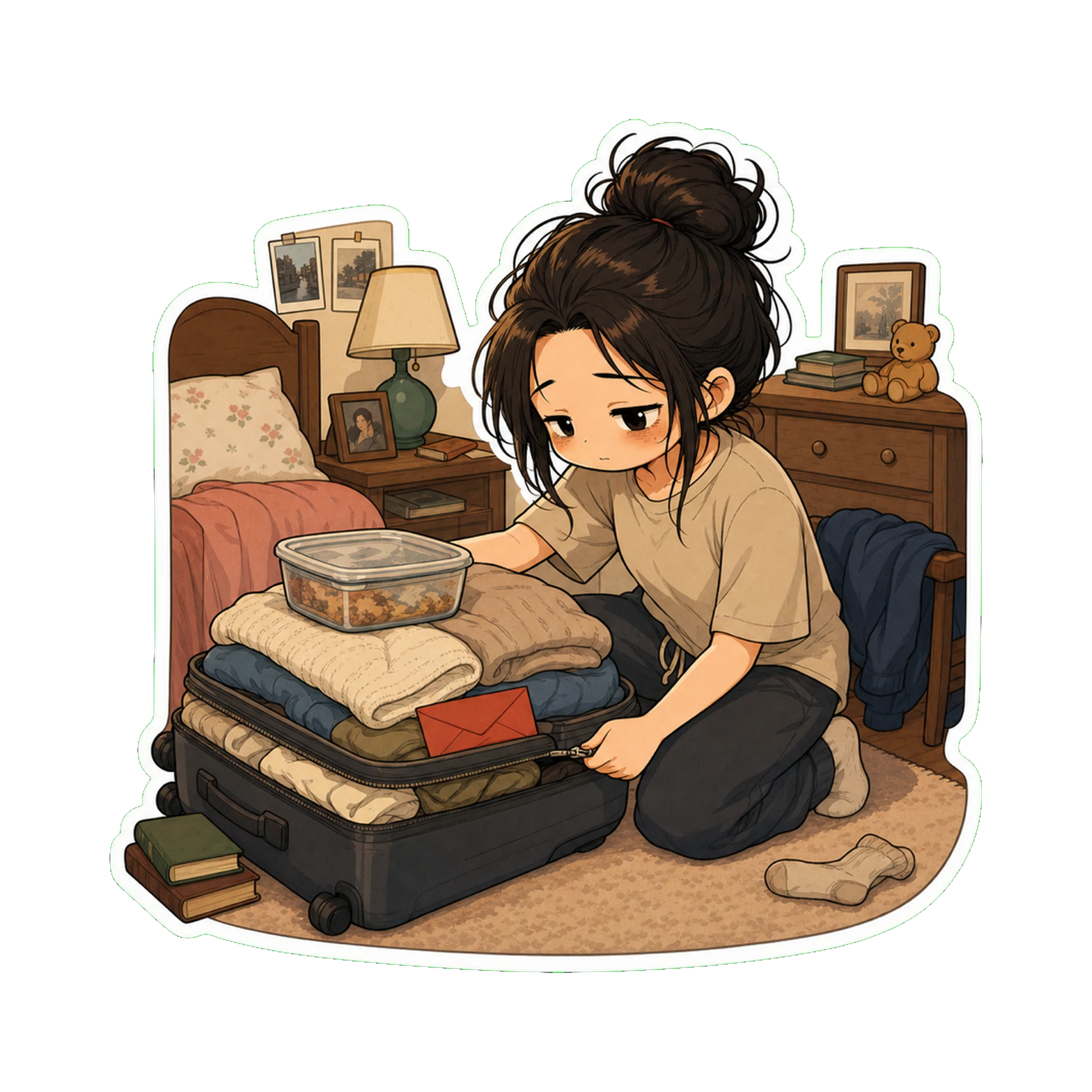 Jan zipping up her suitcase in her childhood bedroom