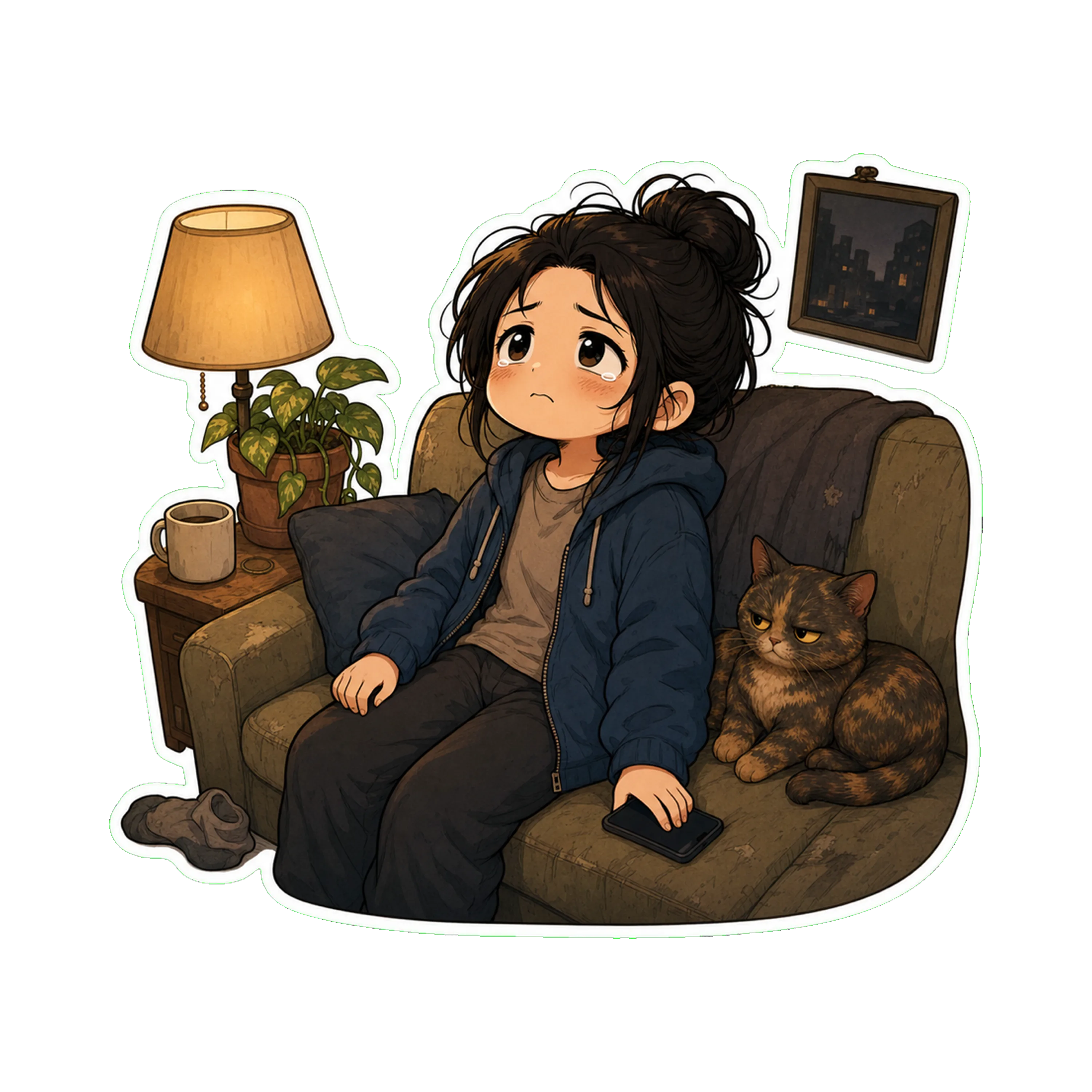 Jan on the couch in the hoodie