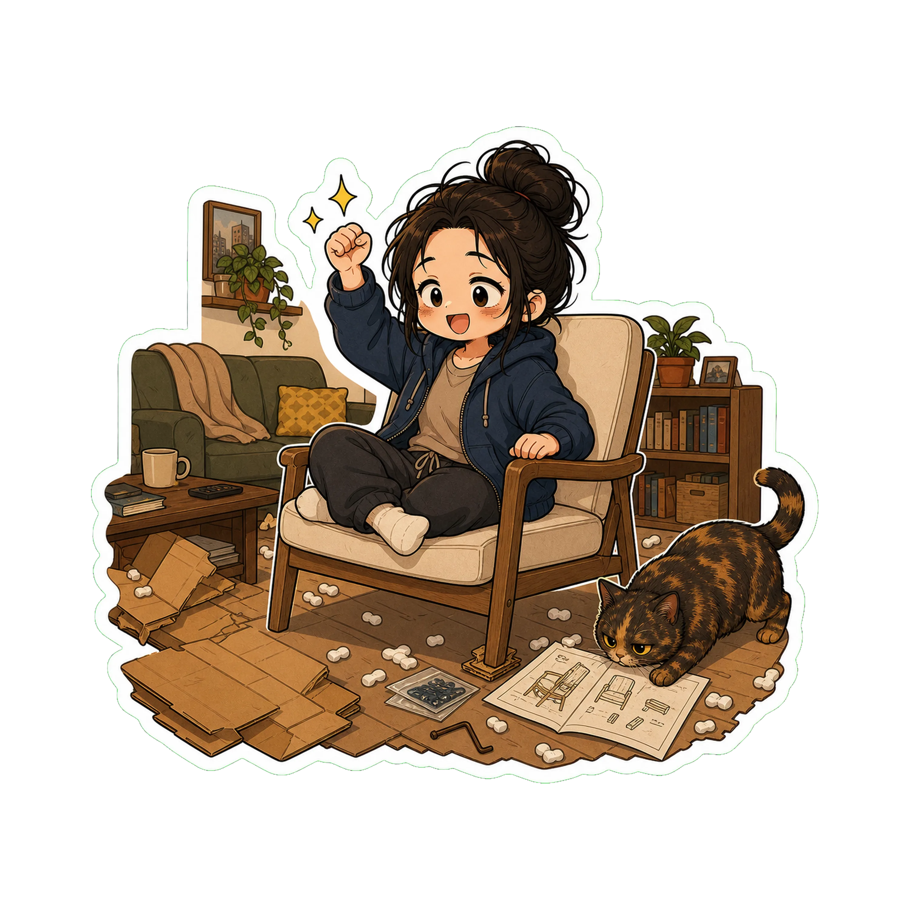 Jan sitting cross-legged in a freshly-assembled chair in the middle of the living room, surrounded by flattened cardboard and packing peanuts