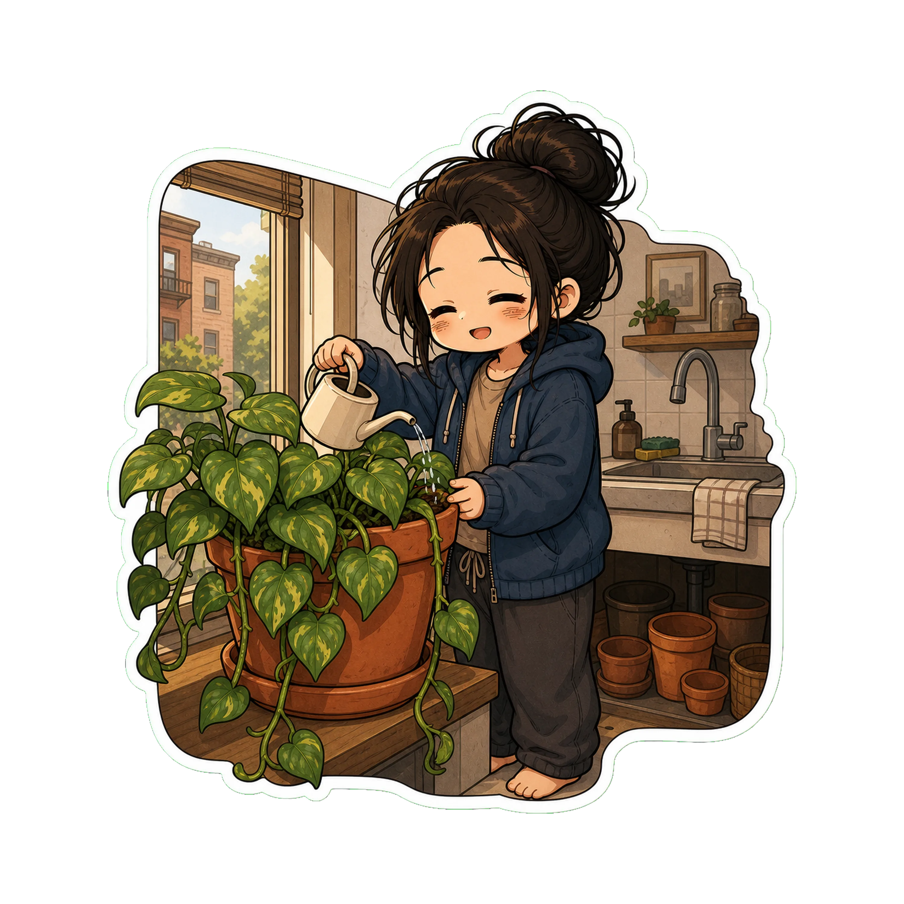 Jan in the hoodie, watering a single thriving plant (large green leaves, healthy) in the good window