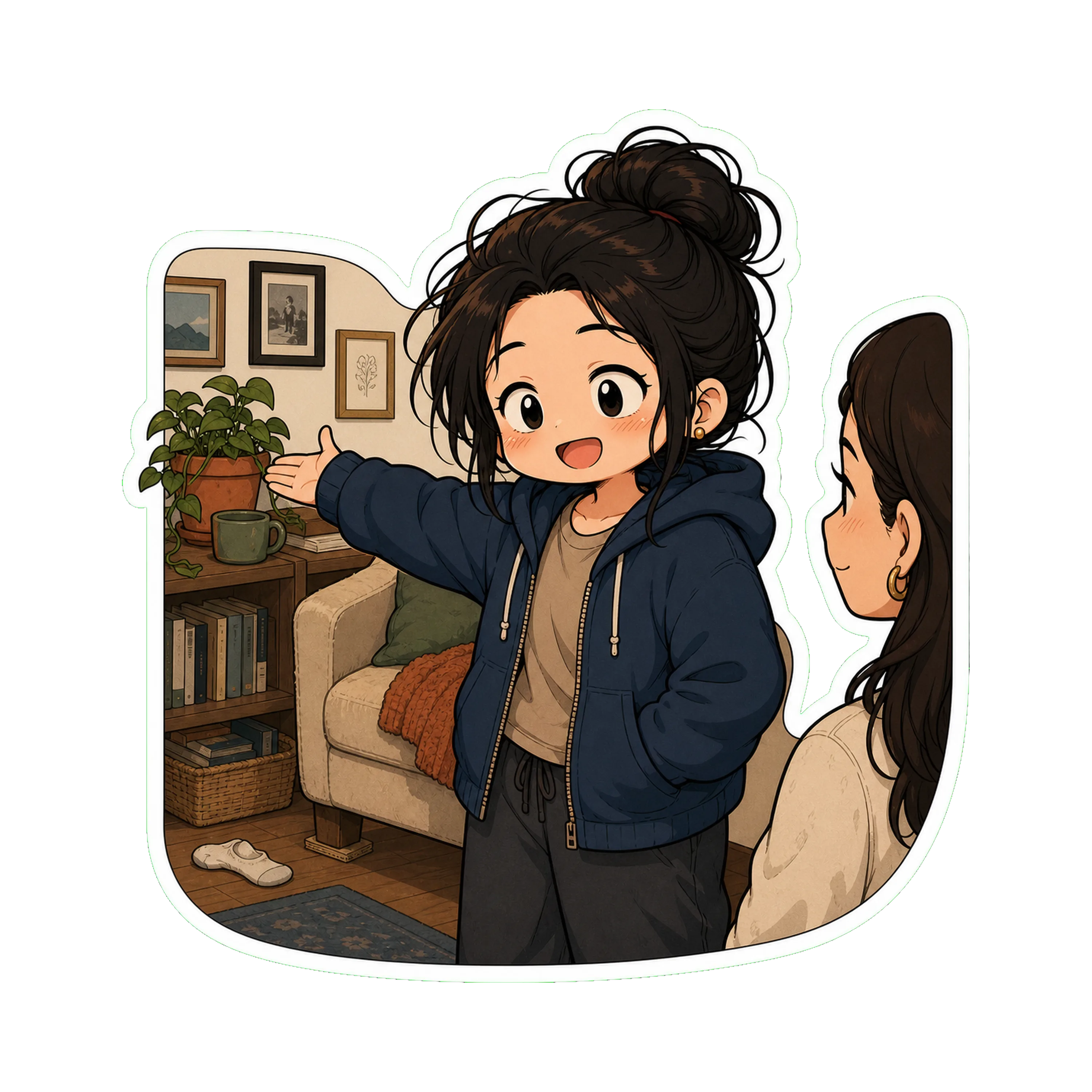 Tight framing — Jan center frame, hoodie on (the 'she's trying' version, earrings visible), mid-museum-guide pose with one arm extended toward an off-frame corner of the room