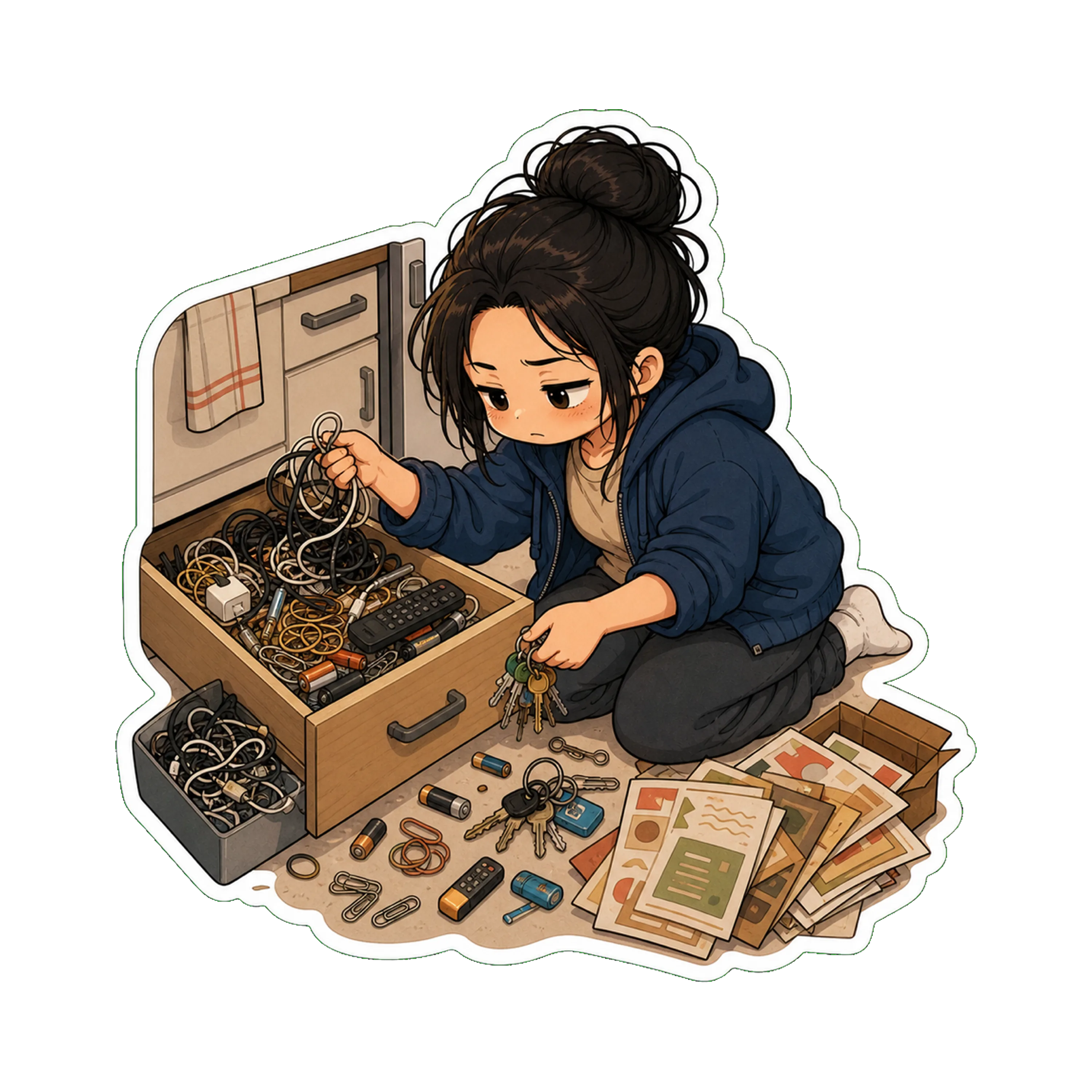 Jan kneeling on the kitchen floor in front of an open drawer, surrounded by the drawer's contents: tangled cords, batteries, mystery keys, takeout menus