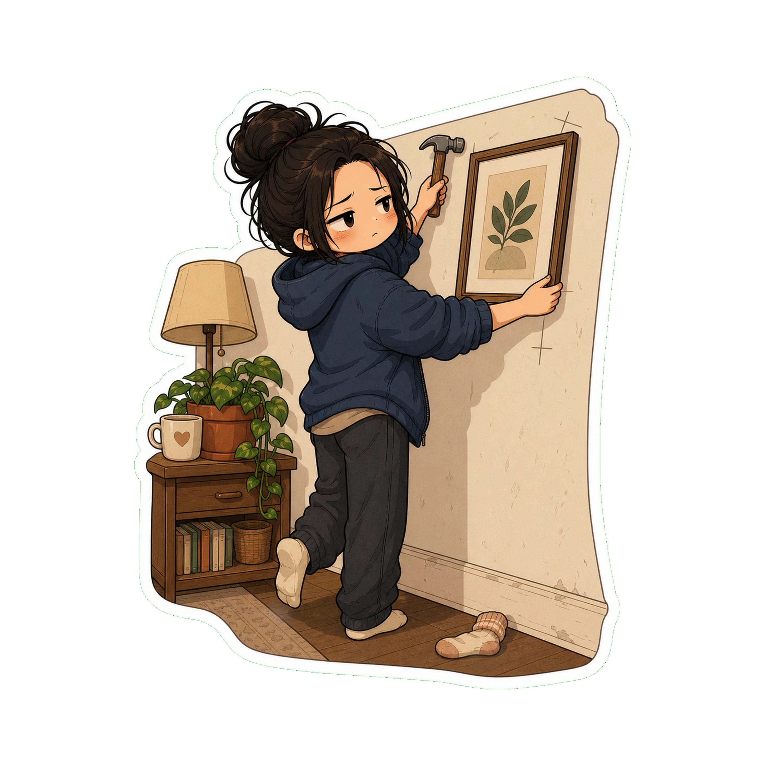 Jan on tiptoe with a hammer, holding a framed print against the wall