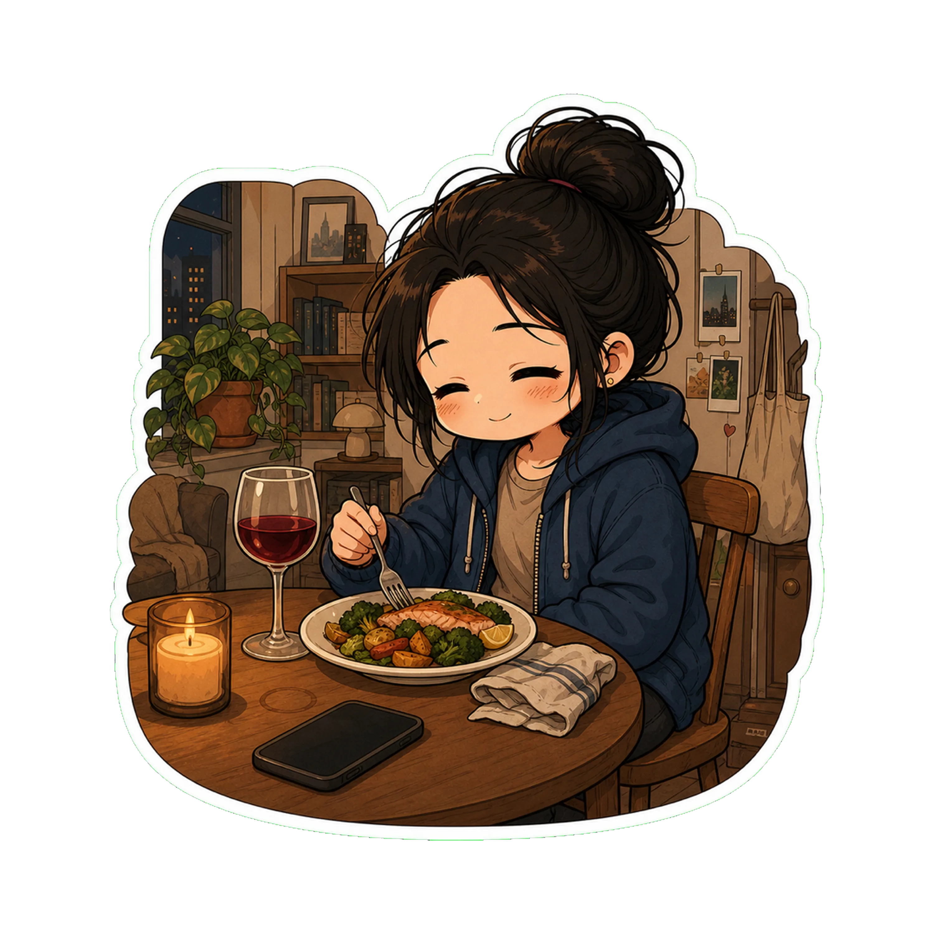 Jan at her small dining table, alone, eating off a real plate
