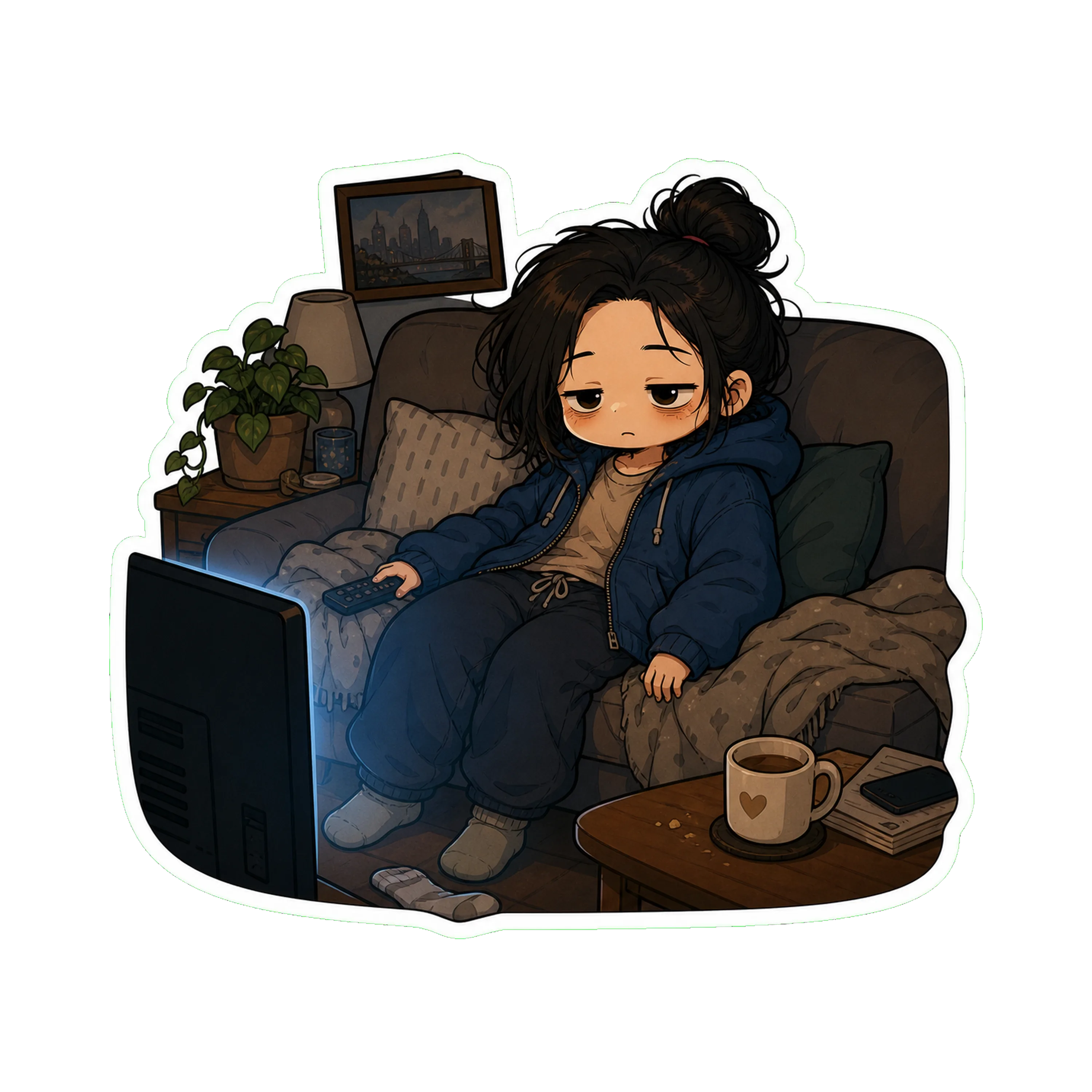 Jan sitting up on the couch at 3am, hair flat on one side and partly out of the bun