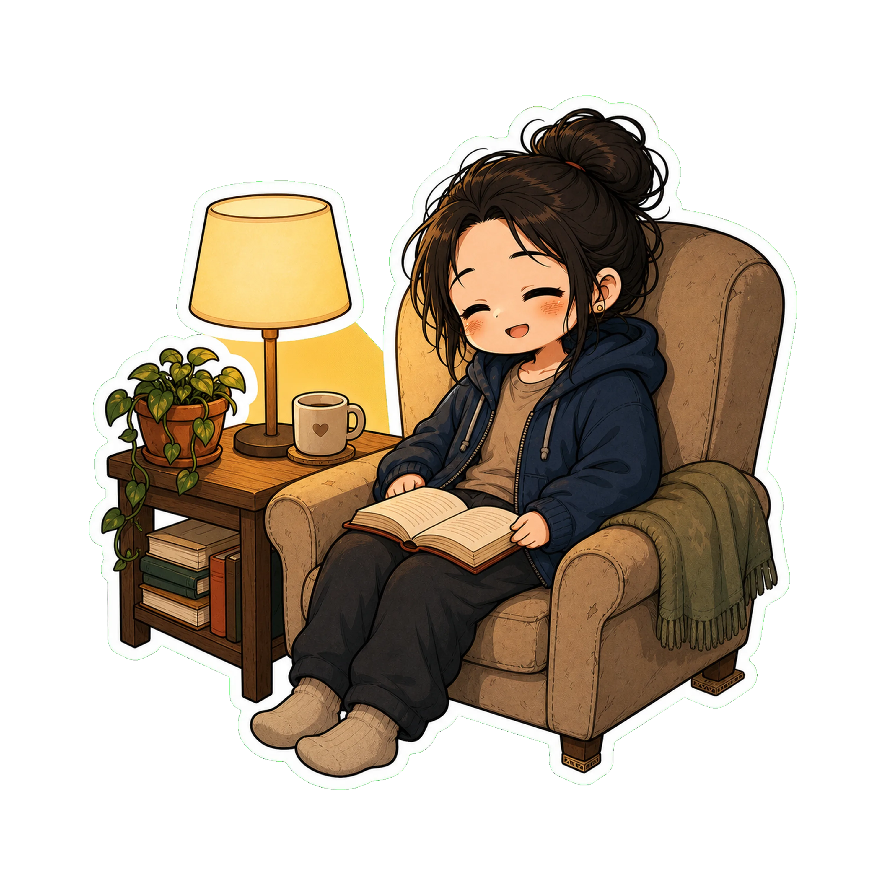 Jan in a reading corner — a chair, a small side table, the new lamp casting warm light, an open book on her lap that she's clearly not reading