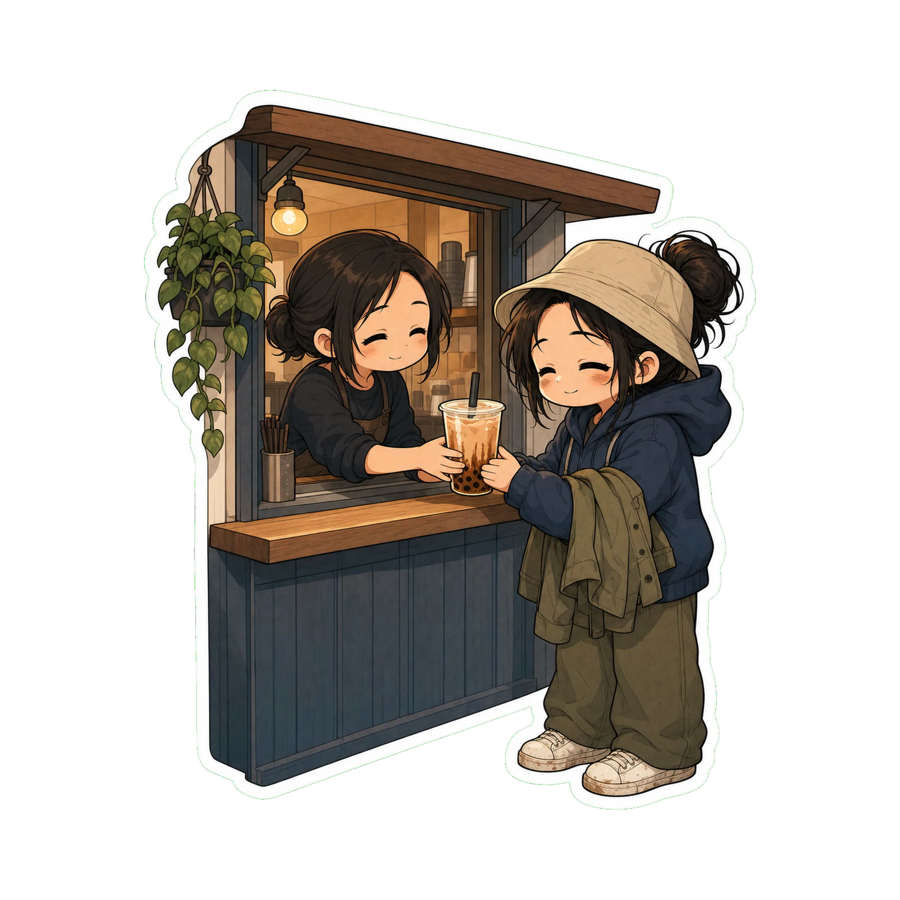 Jan at a small boba shop counter — : cream or olive bucket hat over the bun, hoodie underneath, the chore jacket on or in hand