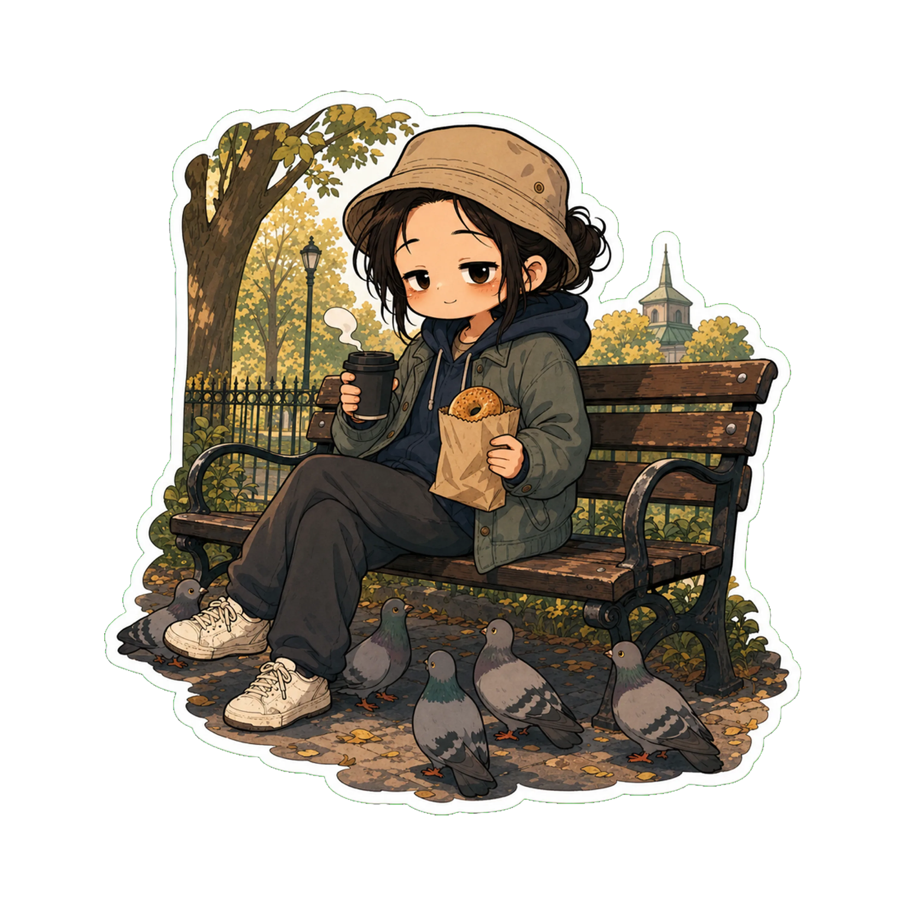 Jan on a park bench in McGolrick Park — : bucket hat on, hoodie + chore jacket over, holding a paper bag with the bagel and a small black coffee