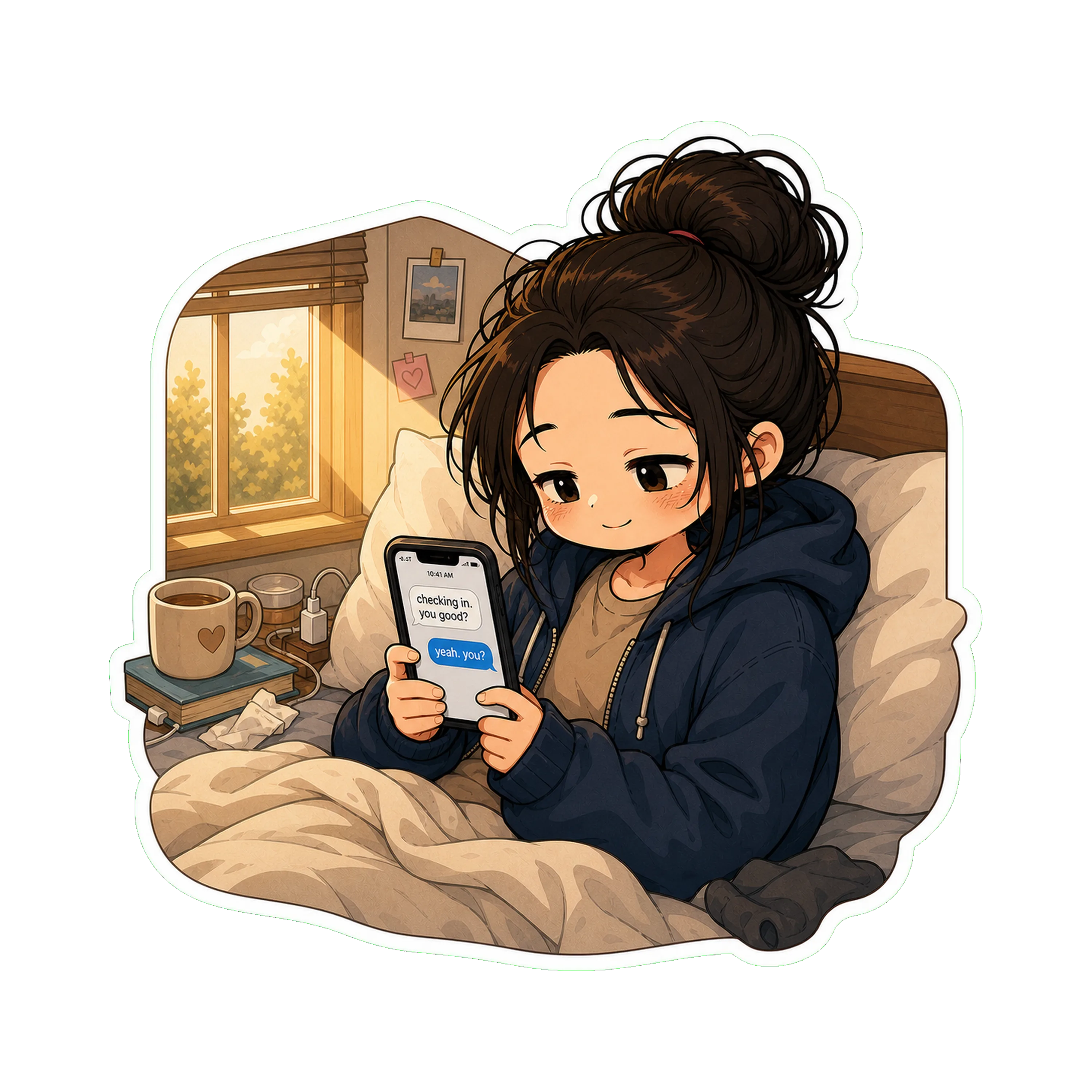 Jan in bed mid-morning, in the hoodie, phone in hand, soft small smile