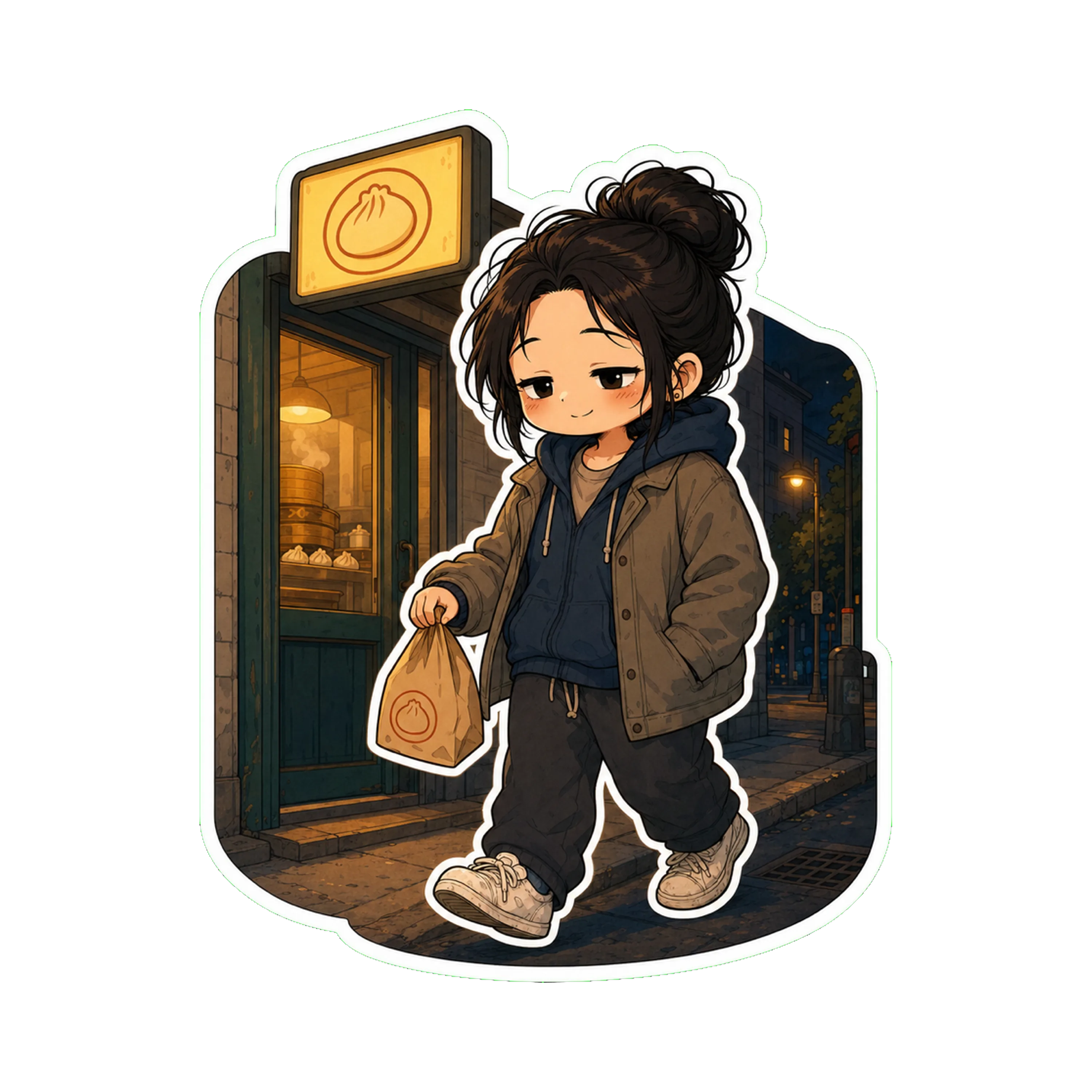 Jan walking out of a small dumpling shop with a takeout bag — : dark cap or no hat, hoodie + chore jacket, the warm yellow glow of the shop sign behind her