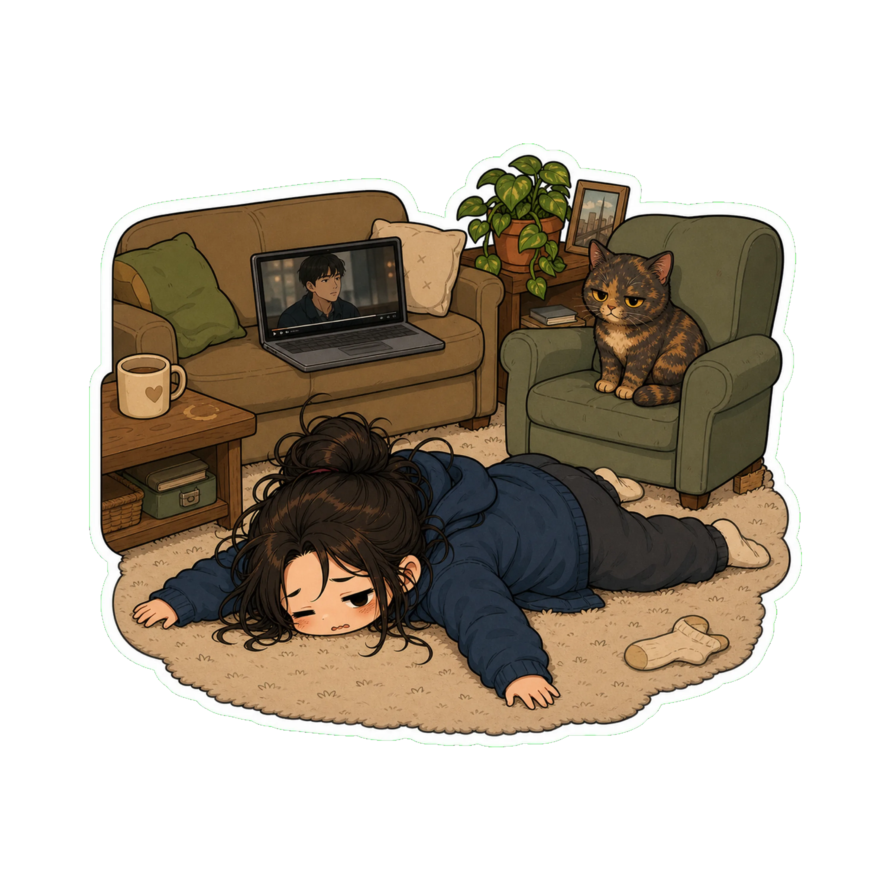 Jan lying flat face-down on the carpet, fully clothed in the hoodie, arms out