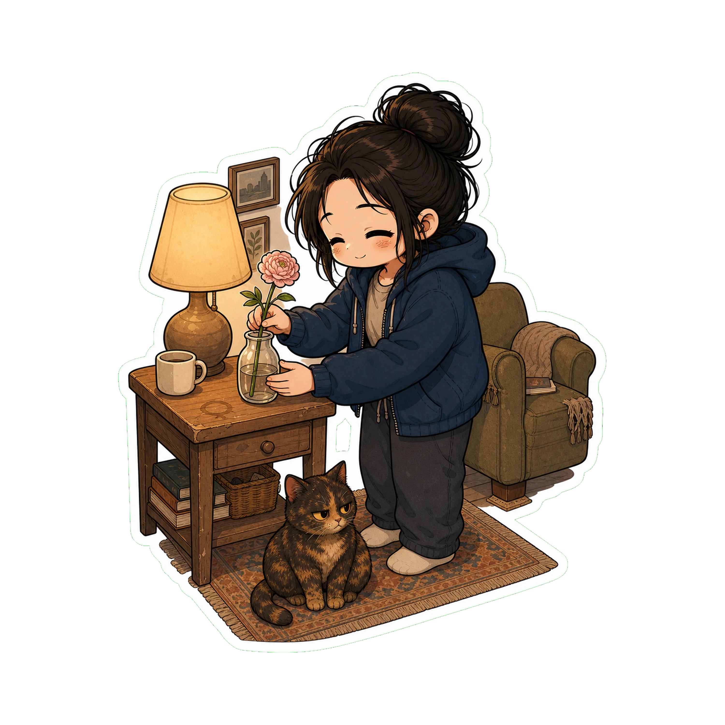 Jan at home in the hoodie, arranging a single flower stem in a small clear vase on the side table next to the lamp