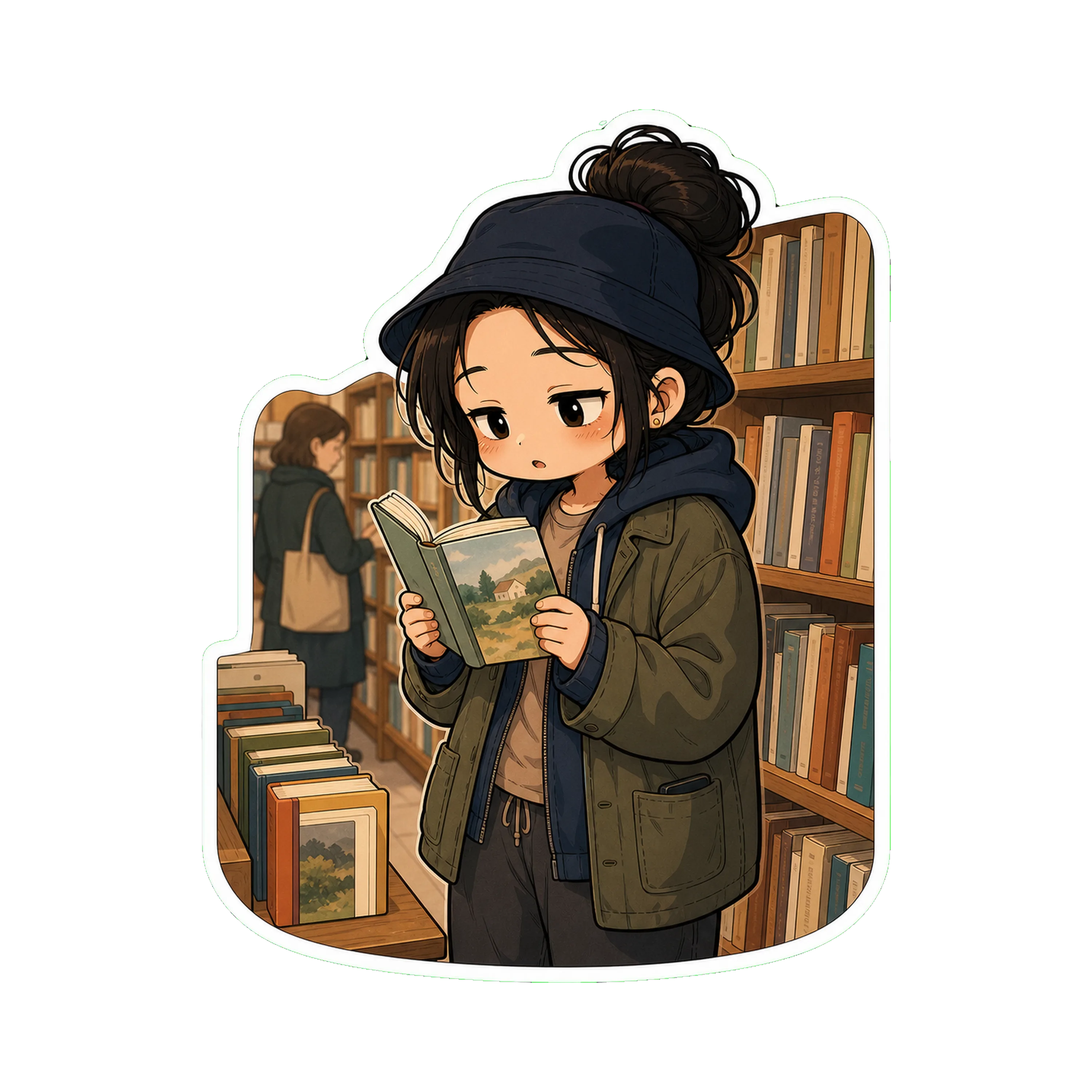 Jan in a small indie bookstore — : bucket hat on (or cap), the chore jacket over the hoodie