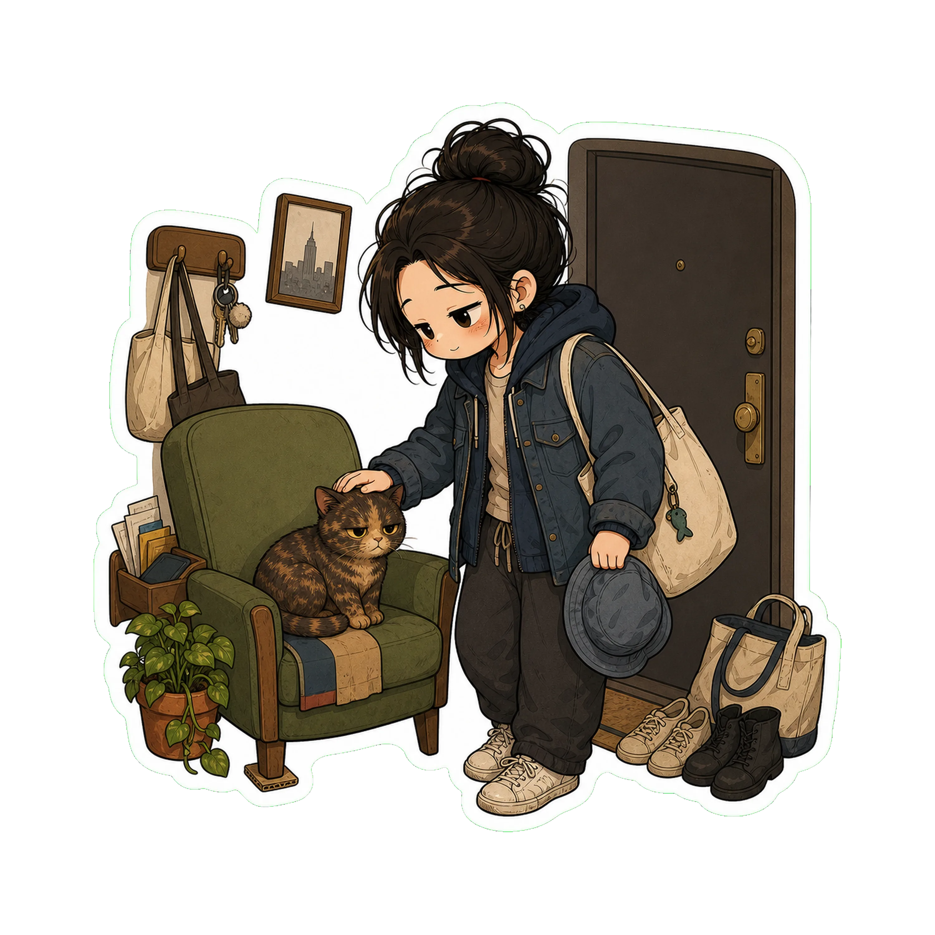 Jan at the apartment door — bag on her shoulder, the chore jacket on over the hoodie, bucket hat in hand or on