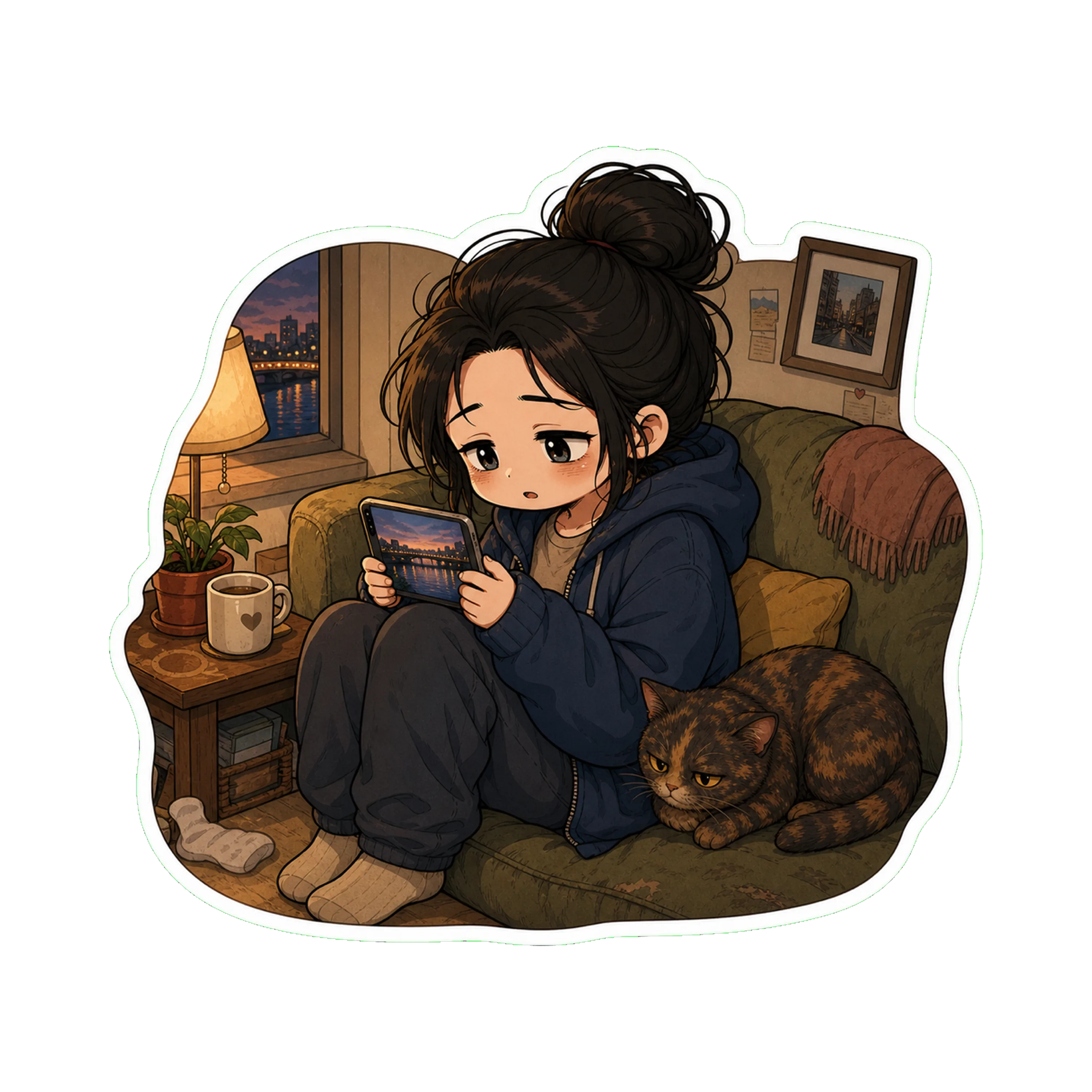 Jan curled into the corner of the couch at dusk, in the hoodie, phone in hand