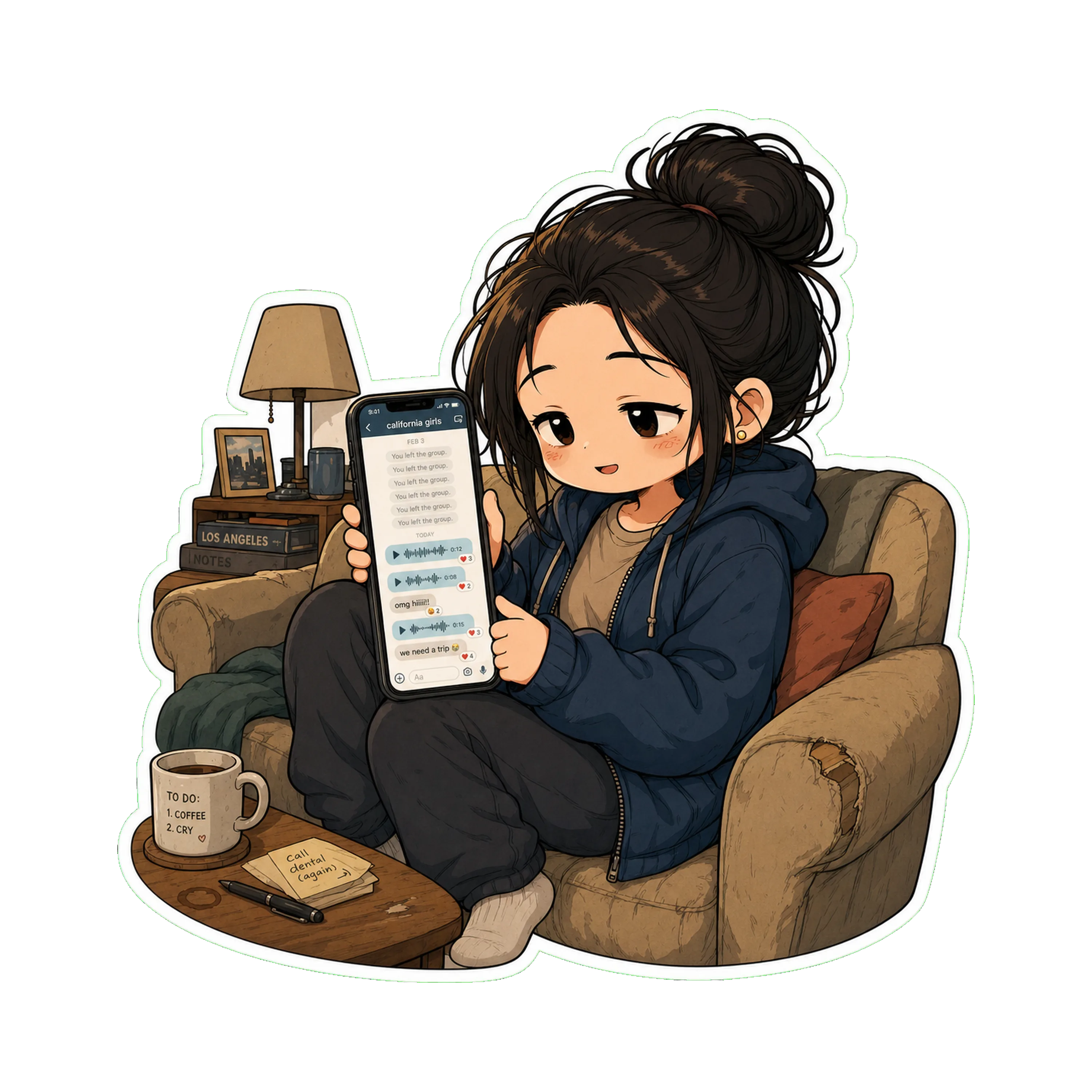 Jan on the couch in the hoodie, phone in hand, group chat thread visible — *'california girls'* — with a long quiet stretch then suddenly active with voice notes and replies