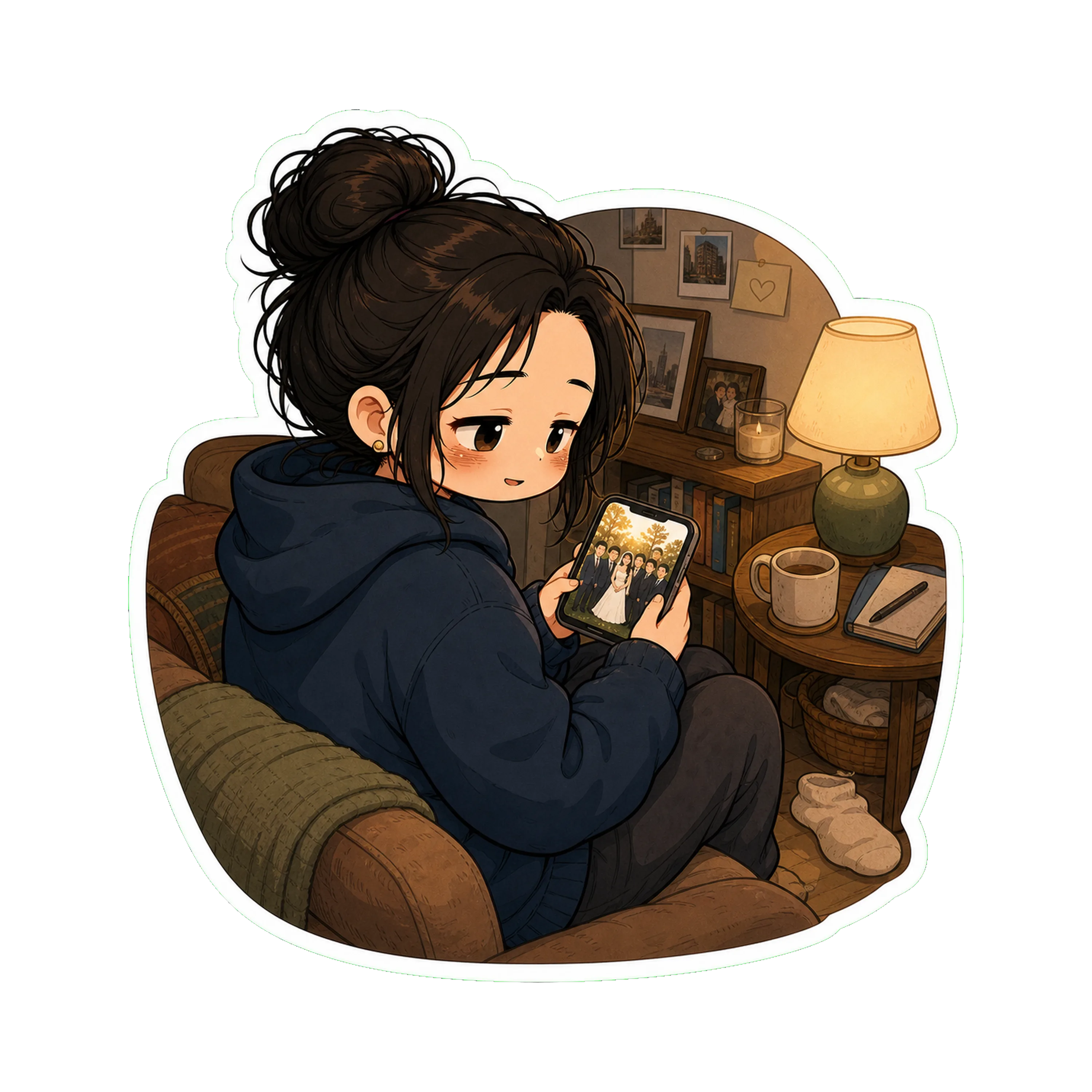 Jan looking at a photo on her phone — a friend in a wedding dress, group shot, golden light