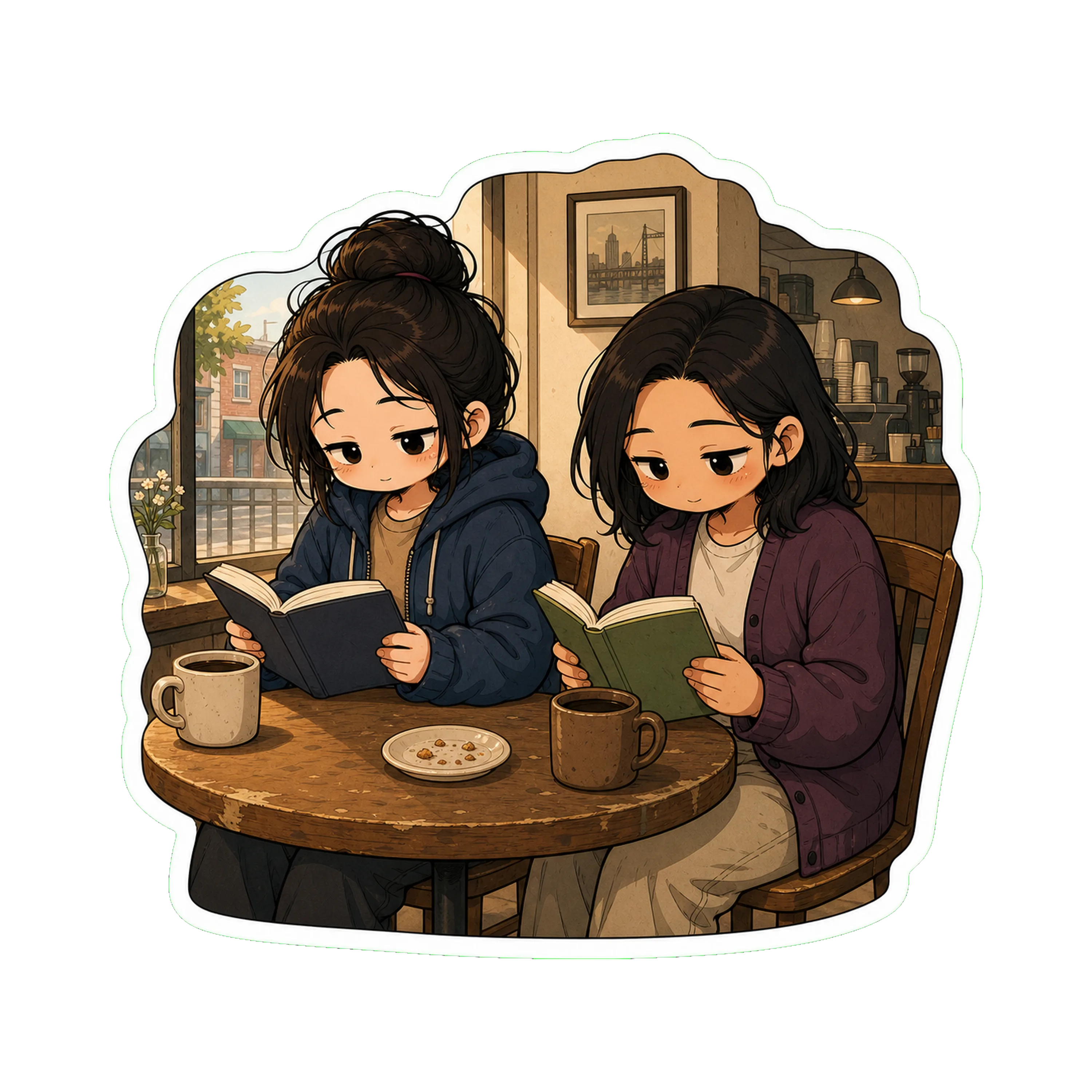 Jan and Ana side by side at a small Greenpoint café, both with coffees and books, both looking down at their pages