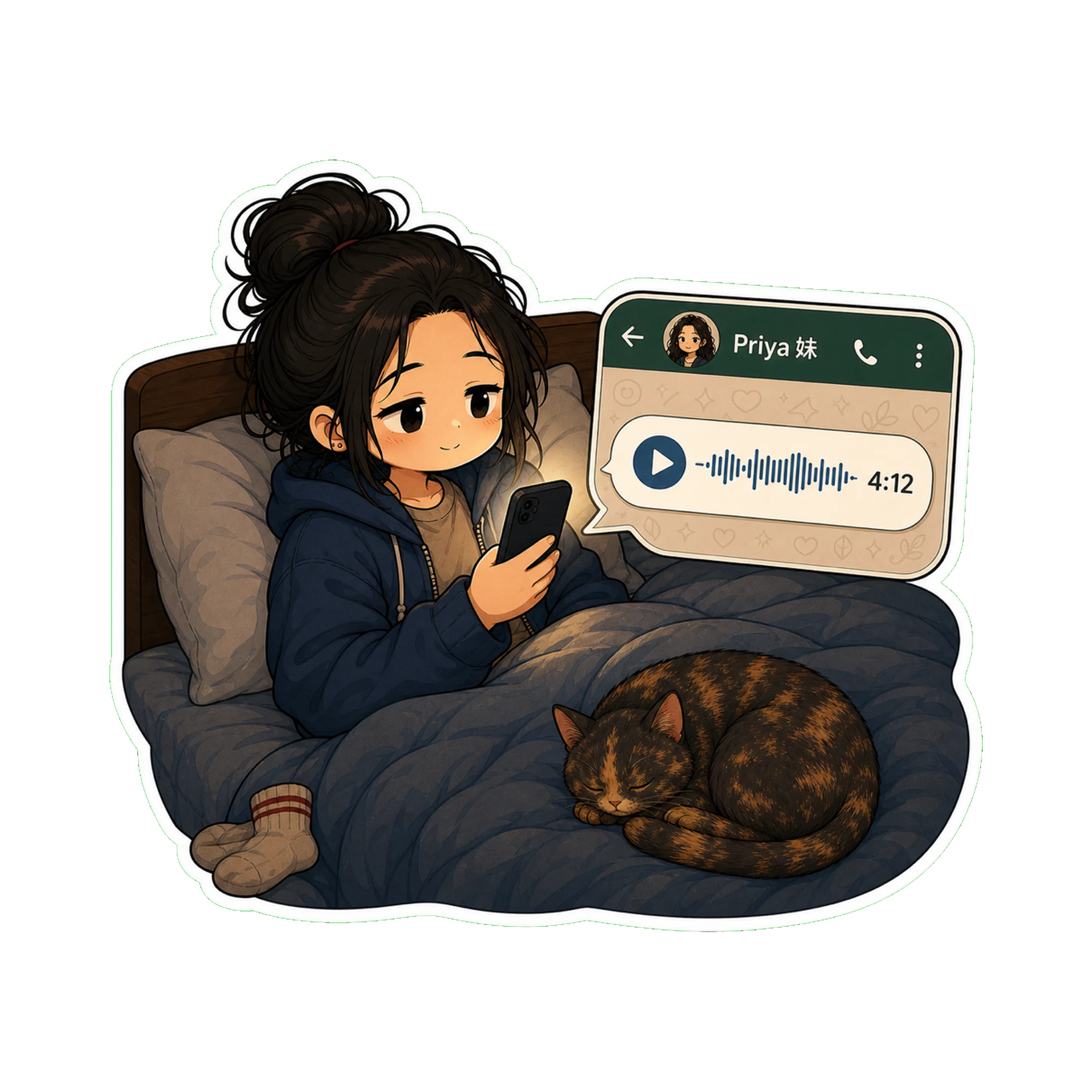 Jan in bed in the hoodie, phone glow on her face, a voice memo bubble visible in the chat with *Priya 妹* — the duration showing 4:12