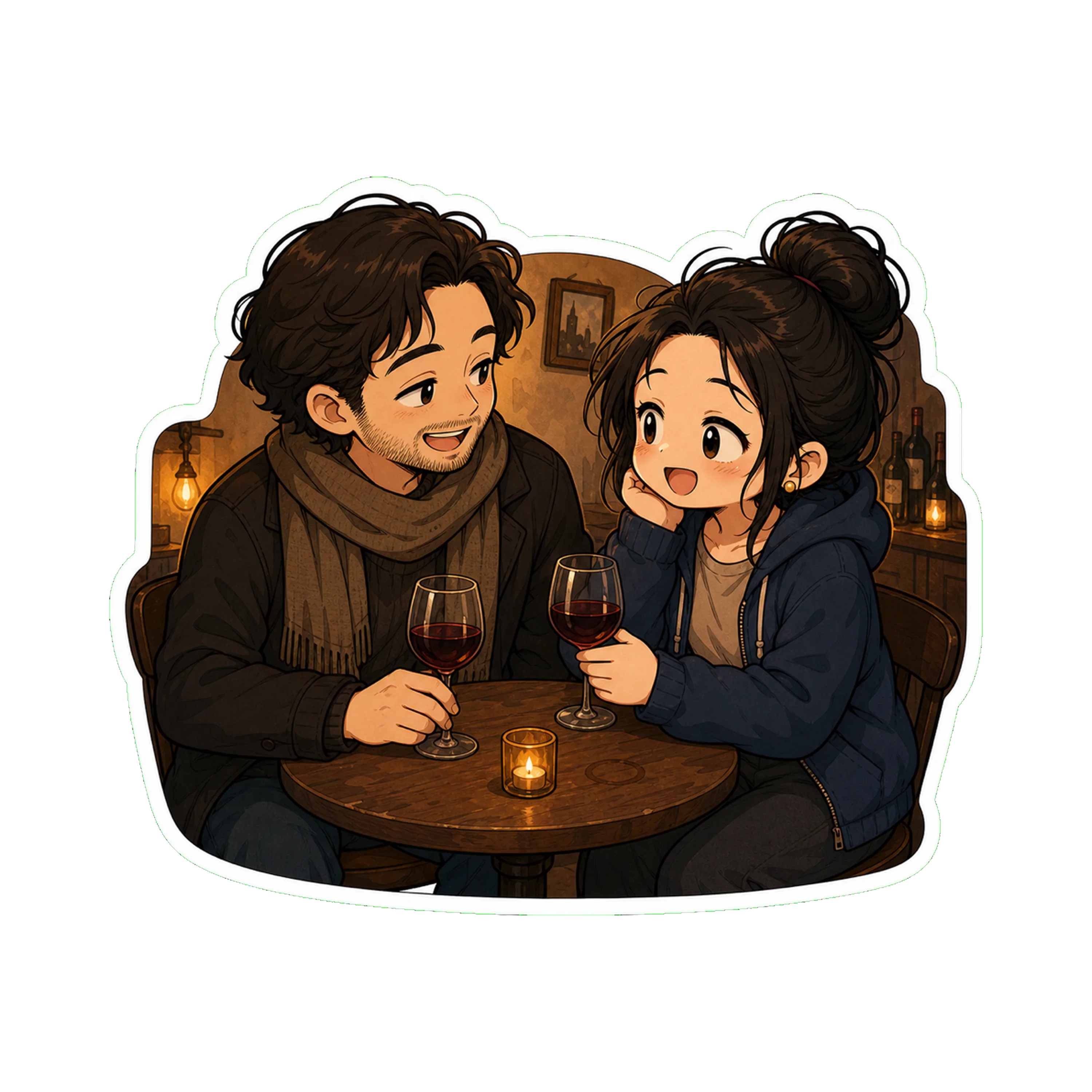 Jan and Marcus at a small wine bar, dim warm lighting, two glasses of wine, mid-laugh