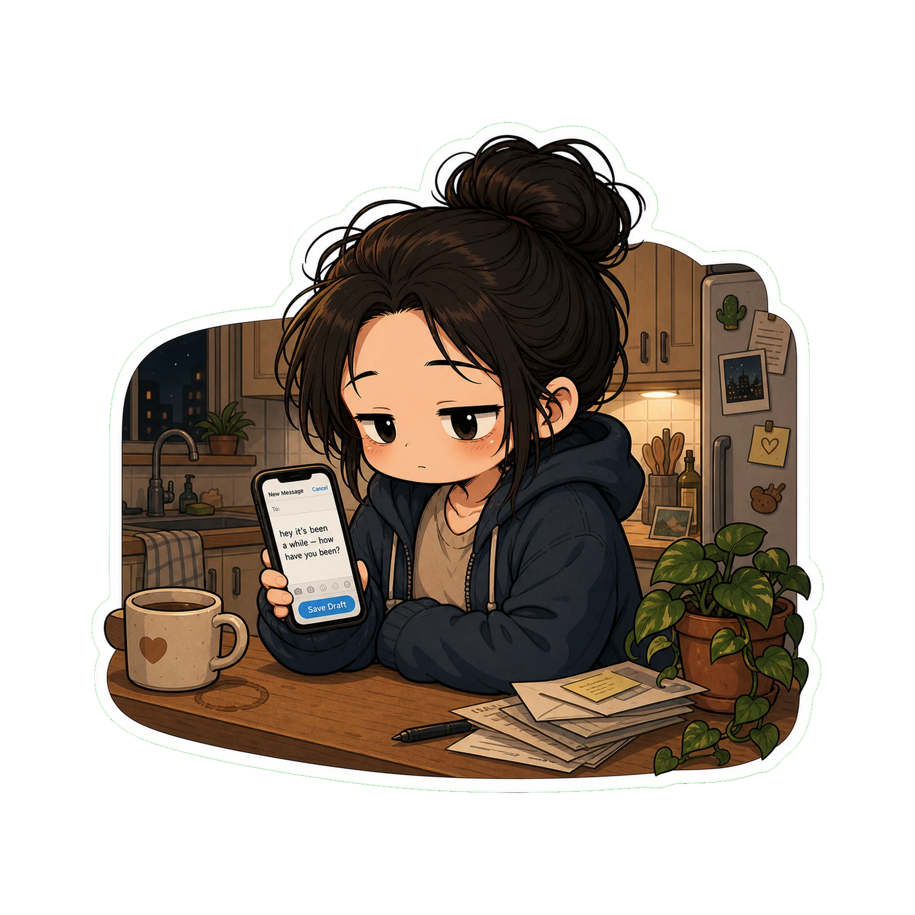 Jan at her kitchen counter at night, hoodie on, phone in hand