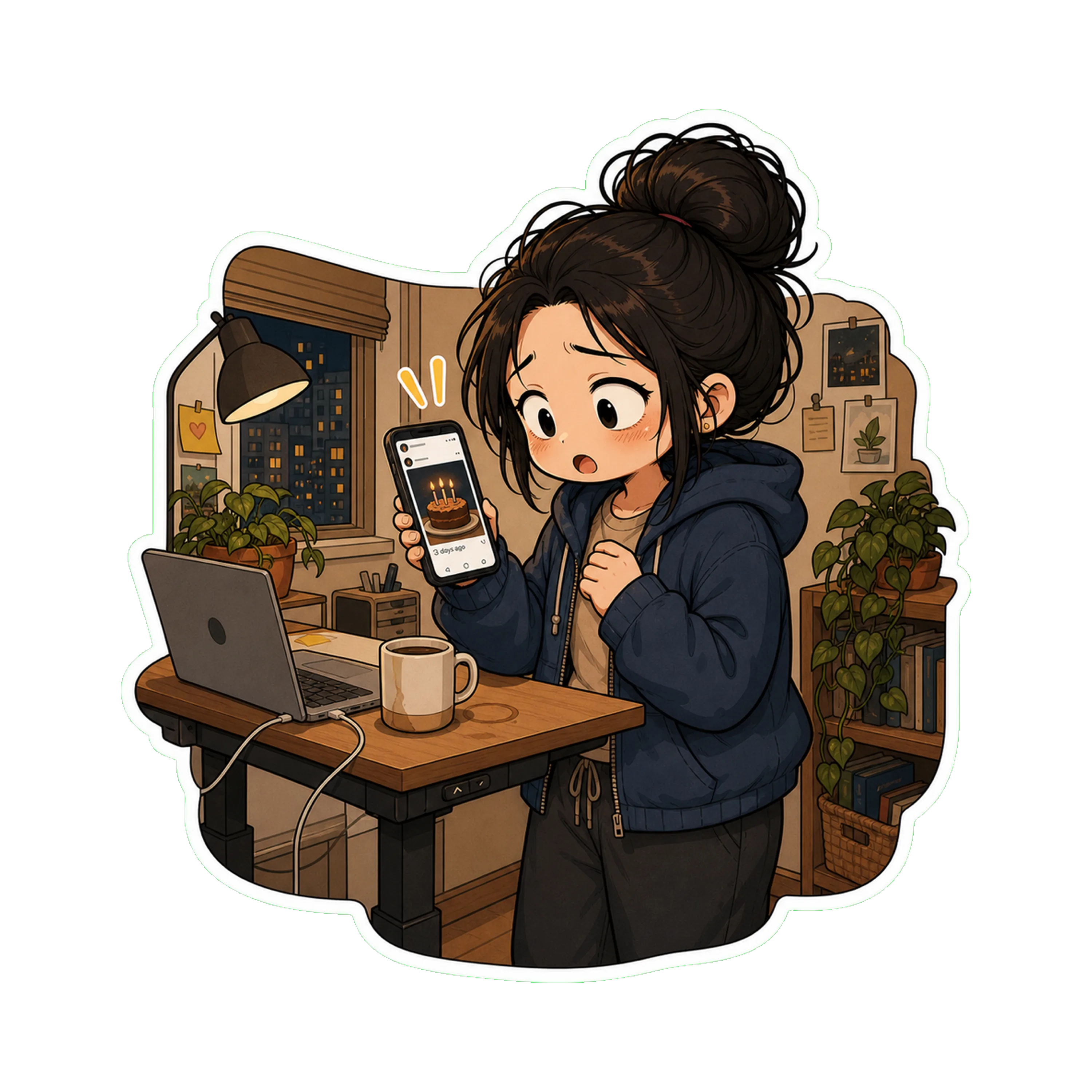 Jan at her standing desk in the evening, phone in hand, looking at an Instagram post with surprise — Ana's birthday cake, dated three days ago