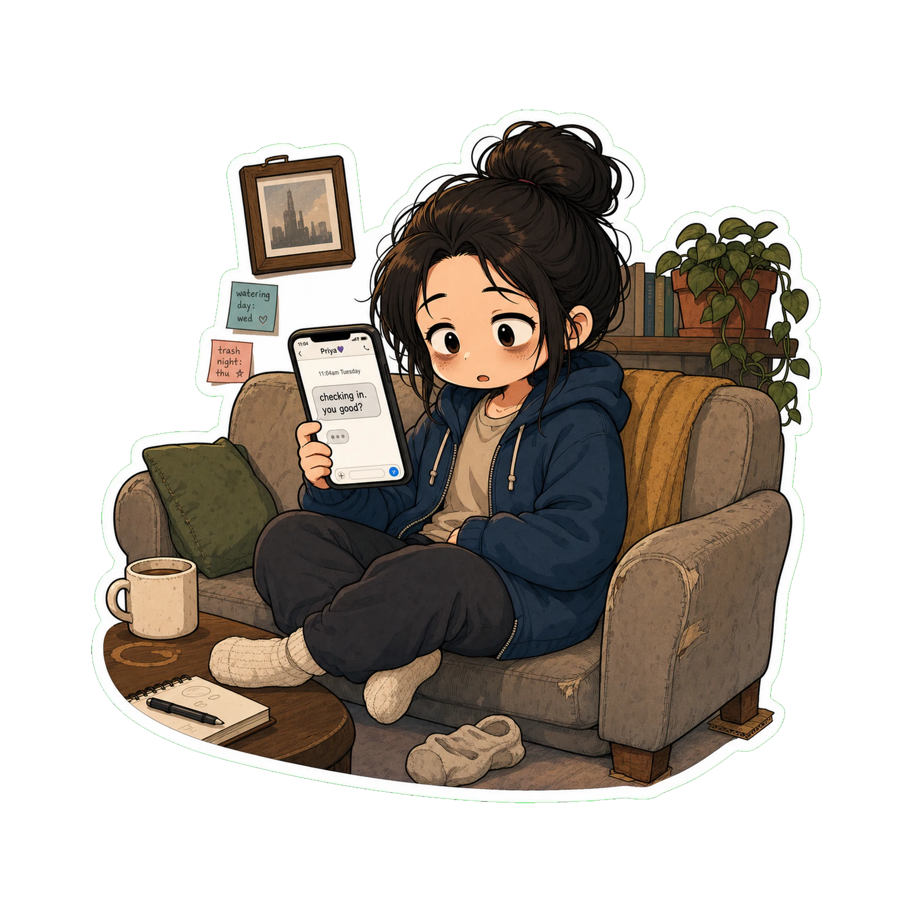 Jan on the couch in the hoodie, phone in hand