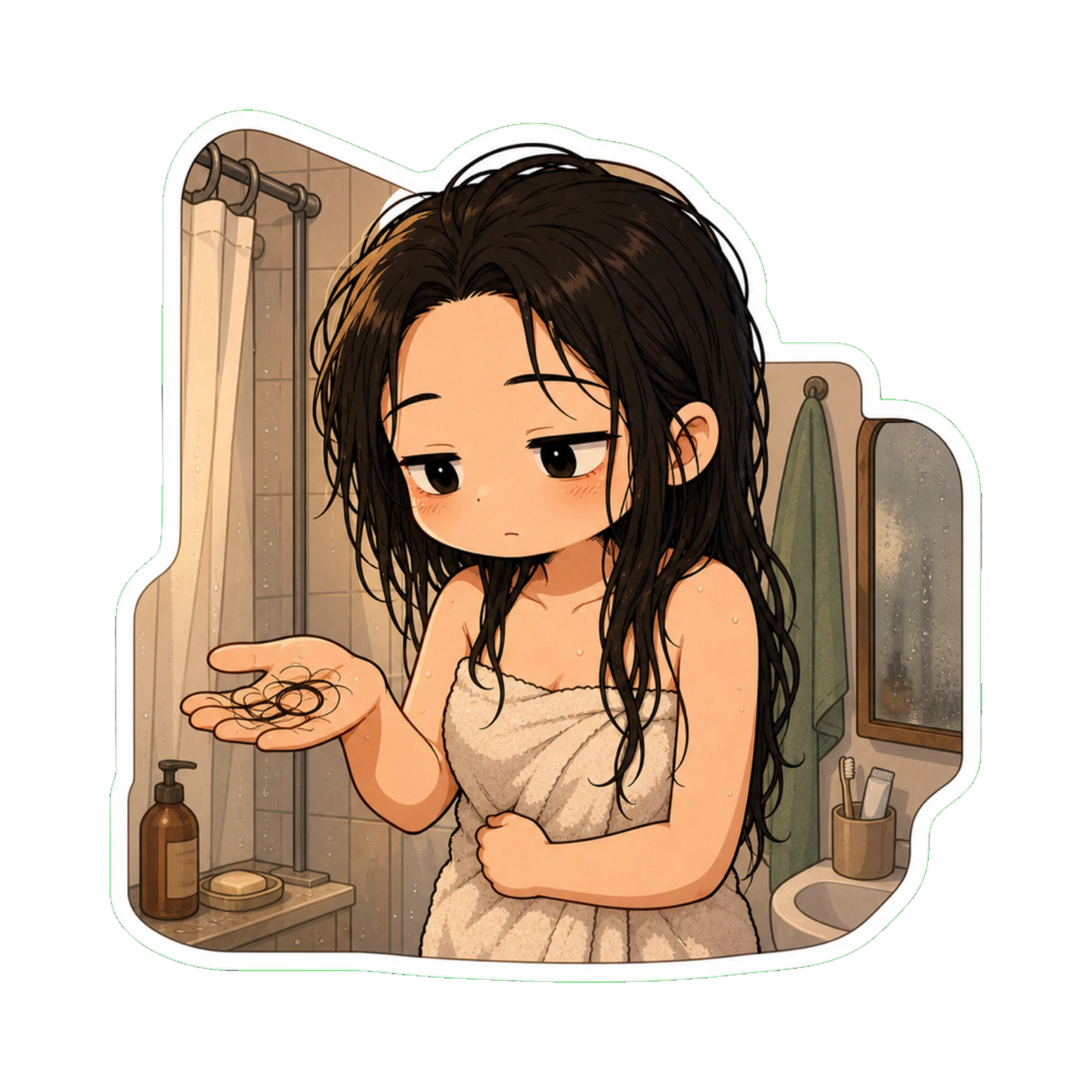 Jan in the bathroom in a towel, hand outstretched palm-up, several strands of dark hair visible on her hand under shower-edge light