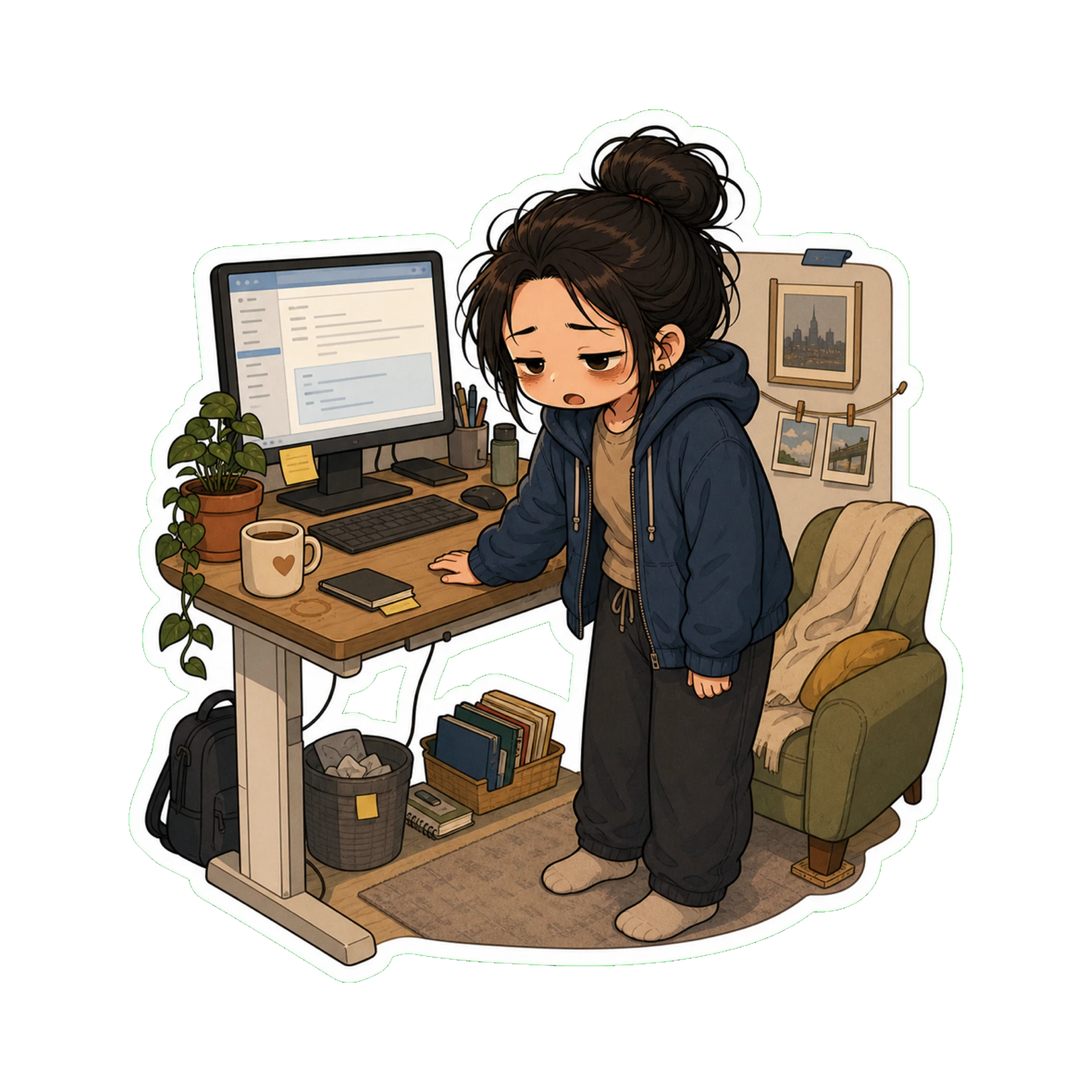 Jan at her standing desk at 4:03pm, slumping slightly forward, one hand on the desk for balance