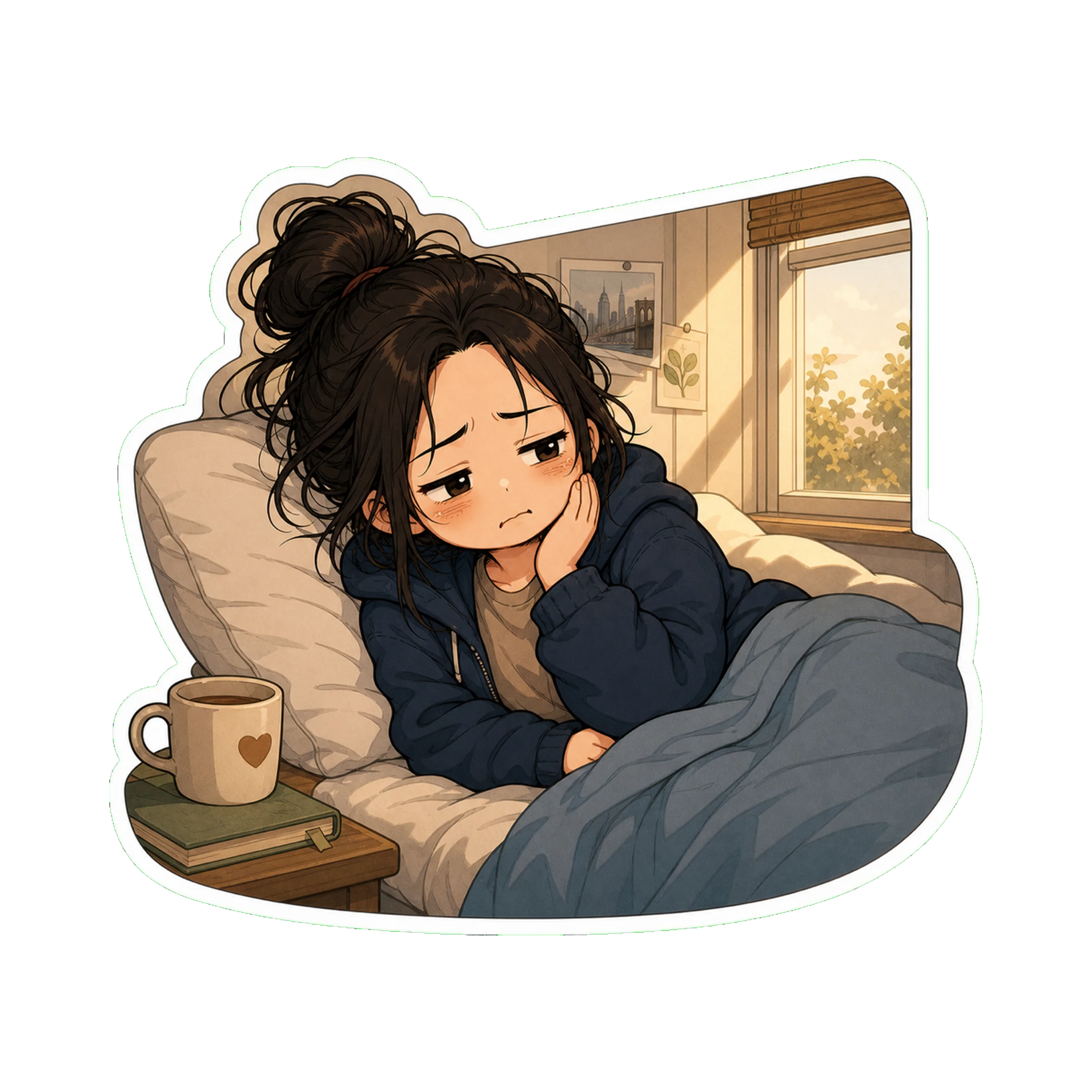 Jan in bed in the morning, on her side, hand at her jaw, faint pained look