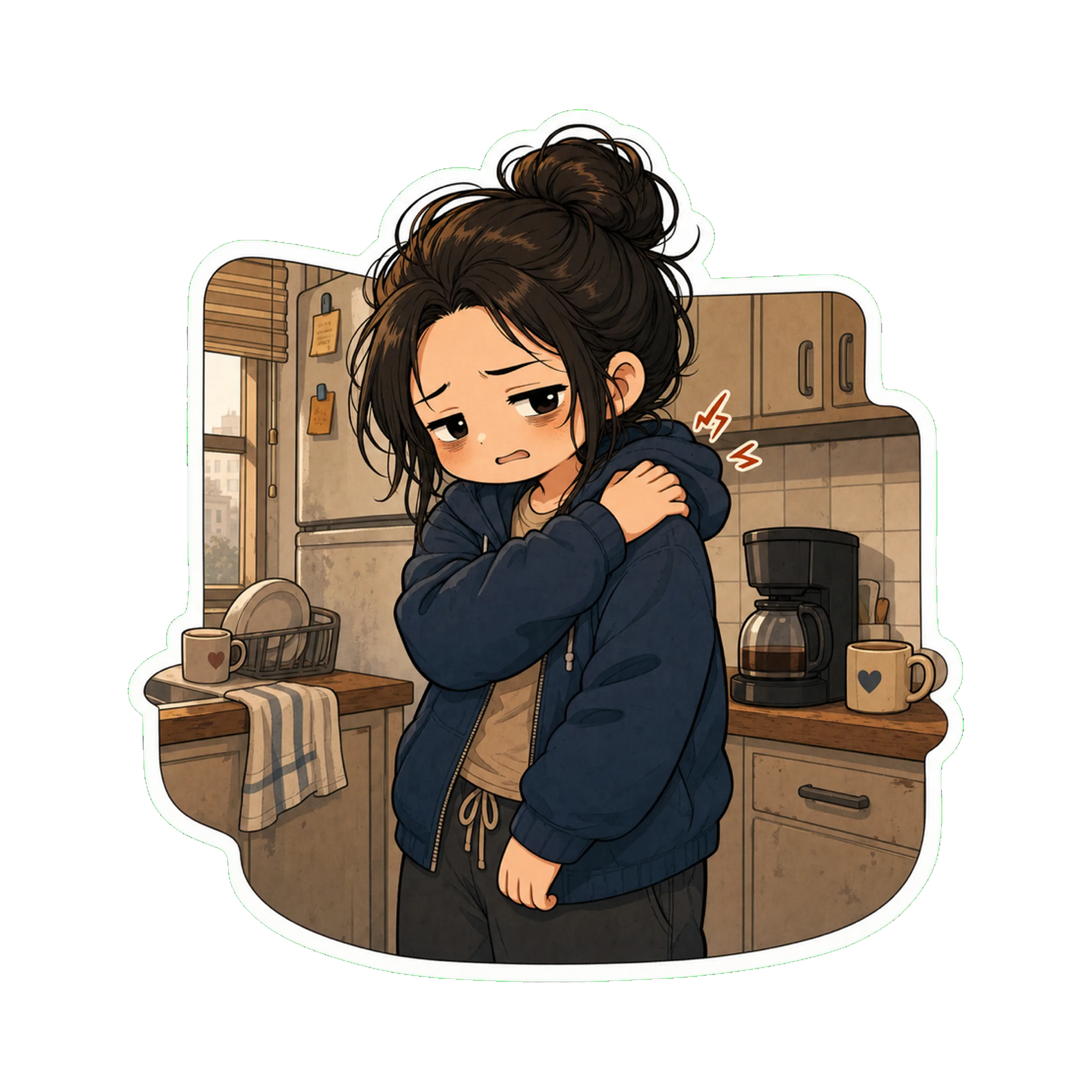 Jan reaching to put her left hand over her right shoulder, wincing slightly, standing in the kitchen in the hoodie
